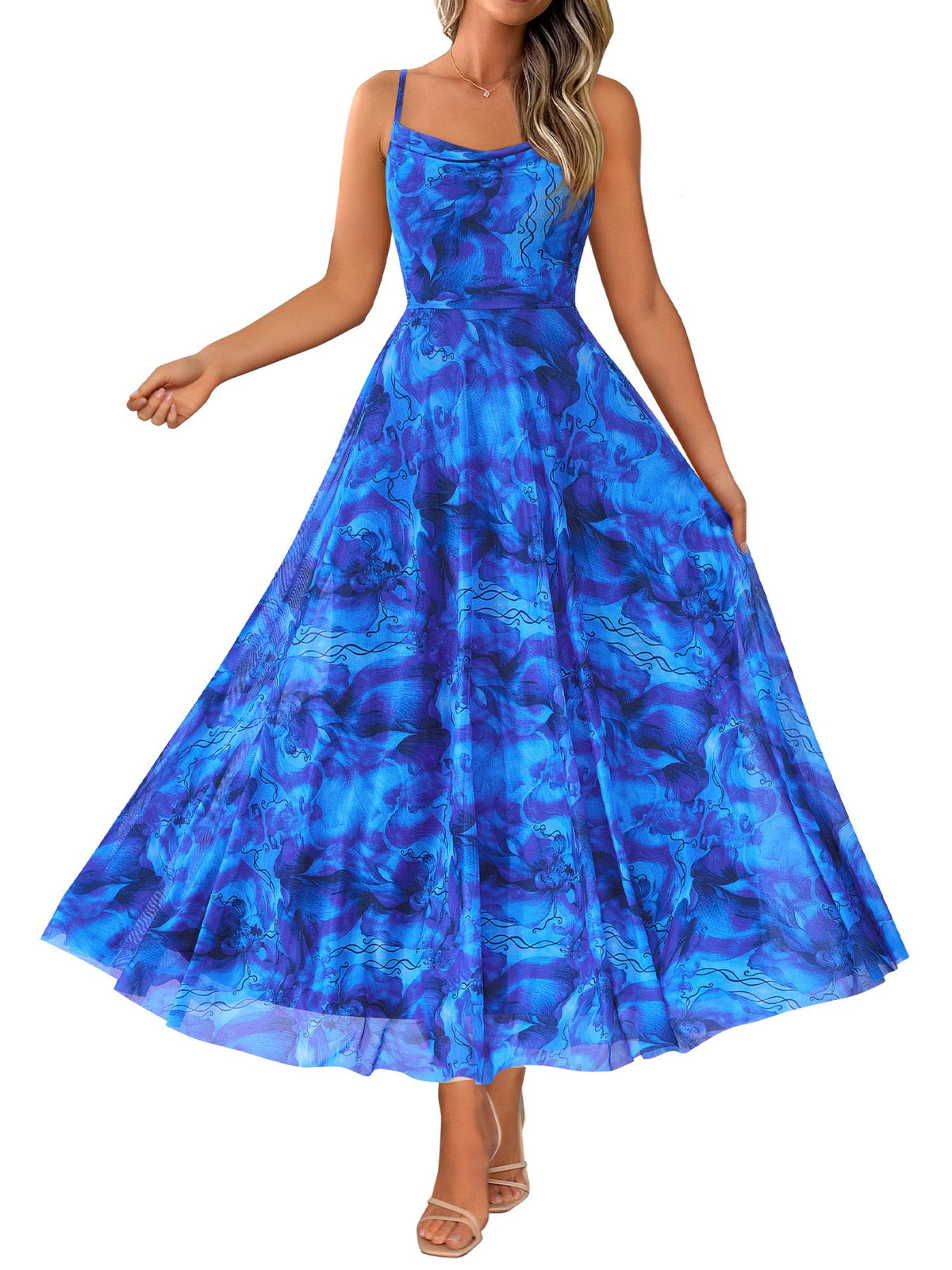 BTFBM Women Summer Maxi Dresses Elegant Wedding Guest Dress | Cowl Neck,Spaghetti Strap,Mesh,Floral,A-Line,Flowy,Party,Cocktail,Homecoming,Graduation,Sundress,Prom,Beach Long Dresses