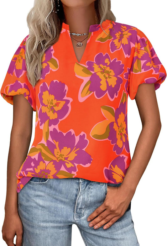 MASCOMODA Boho Short Sleeve Floral Work Blouses for Women Dressy Casual | Puff Sleeve Floral Tops Trendy, Ruffle V Neck, Loose Fit & Lined, Bohemian Top, Chiffon Blouses, Flowy Spring Work Shirts