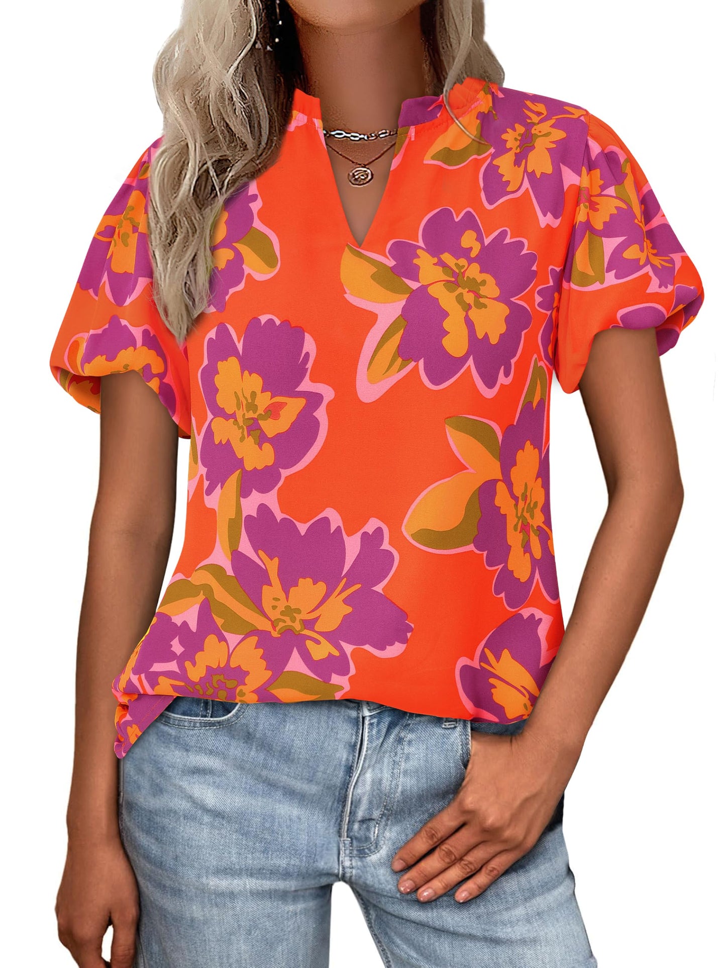 MASCOMODA Boho Short Sleeve Floral Work Blouses for Women Dressy Casual | Puff Sleeve Floral Tops Trendy, Ruffle V Neck, Loose Fit & Lined, Bohemian Top, Chiffon Blouses, Flowy Spring Work Shirts
