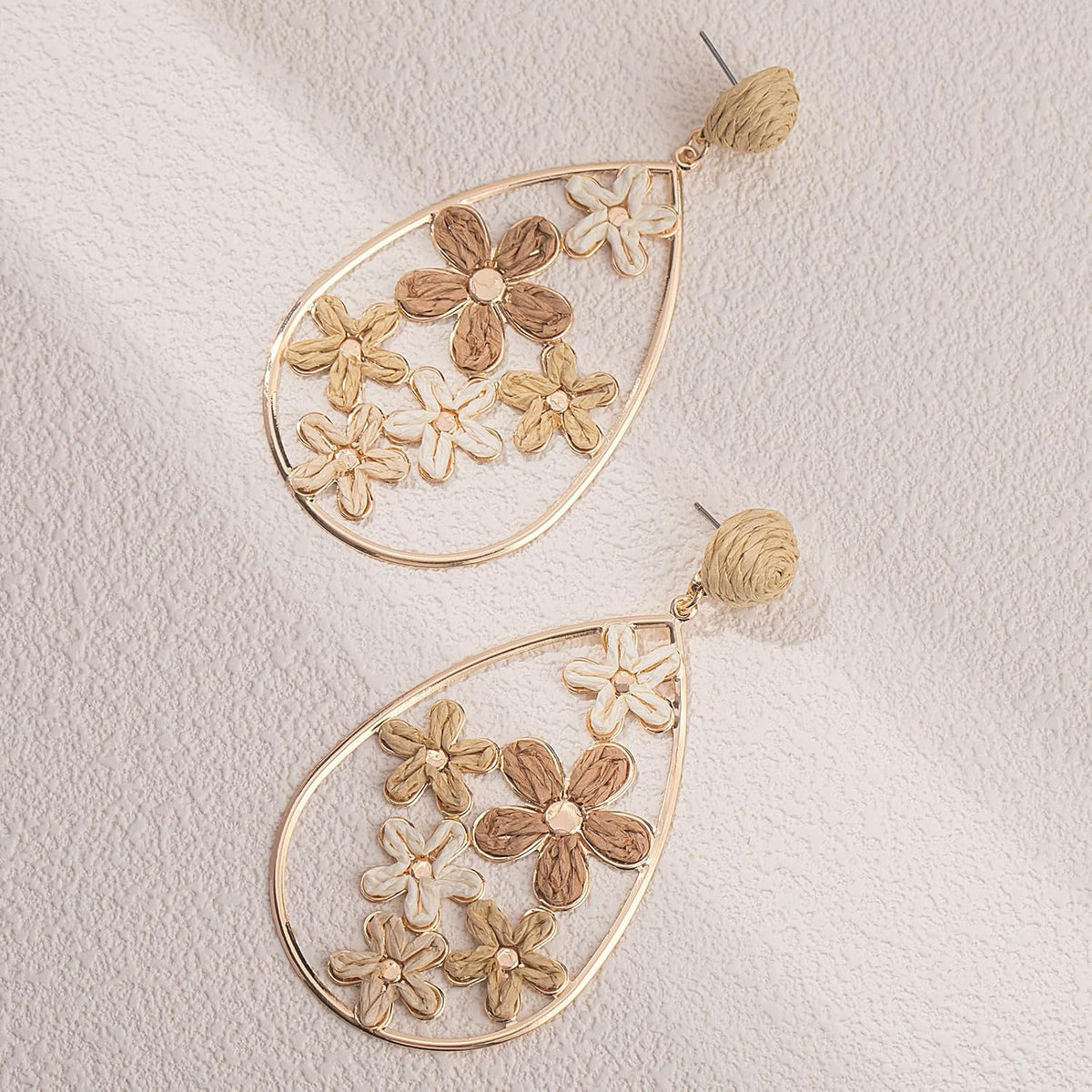Boho Raffia Flower Teardrop Earrings Cute Colorful Dangle Trendy Jewelry | Floral Drop Statement Big Dangling Earring Hypoallergenic Gold Fun Unique Summer Spring Beach Vacation Outfits for Women