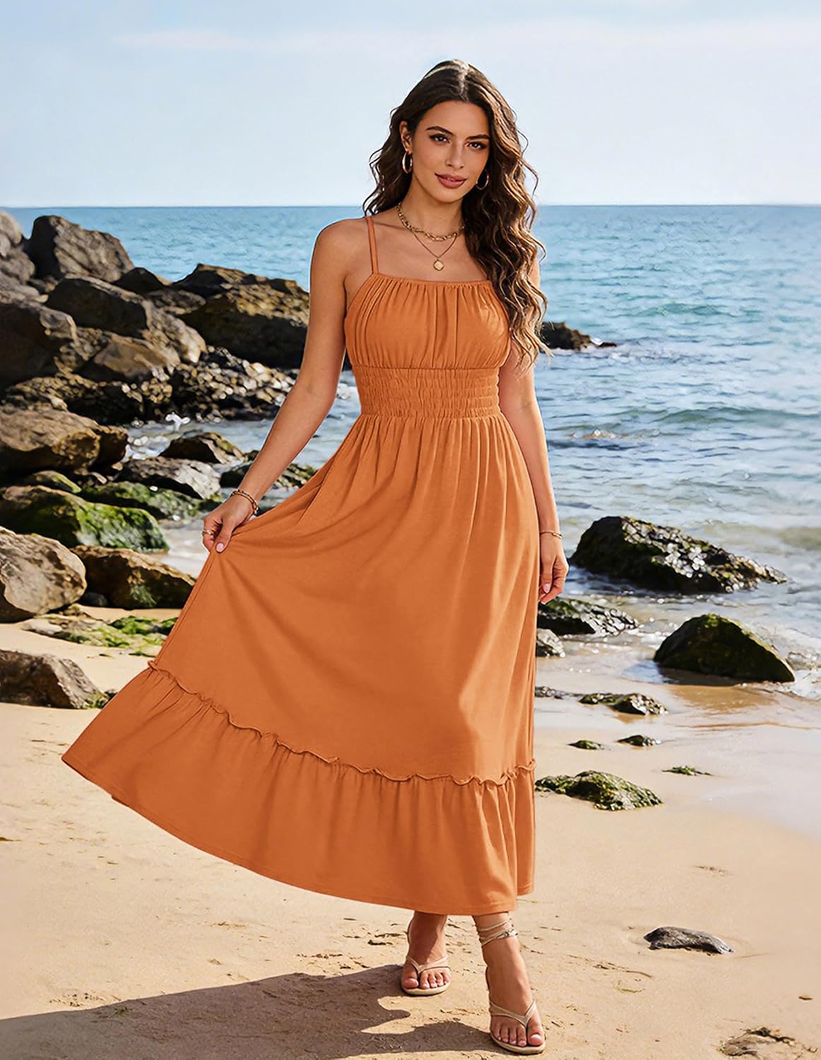 GRACE KARIN Women's Summer Maxi Dresses 2026 Beach Vacation Dress | Casual, Smocked Waist, Spaghetti Strap, Sleeveless, Boho Sundress With Pockets, Trendy Fashion Outfits