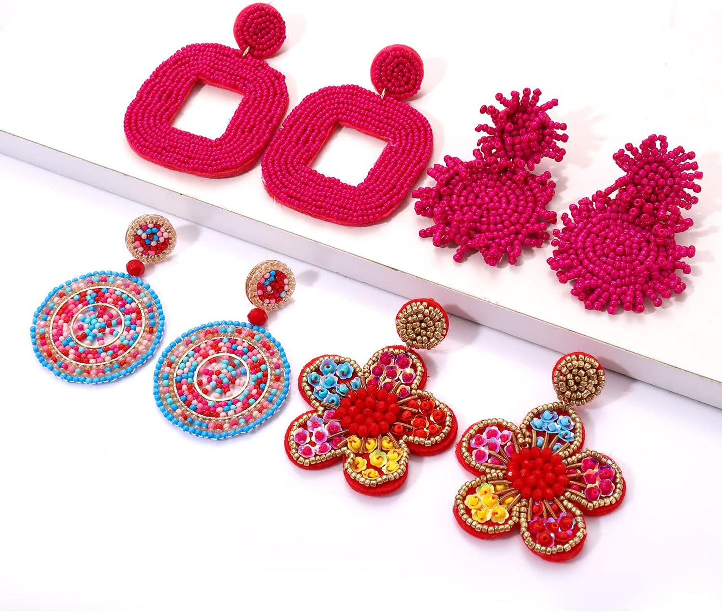 4 Pairs Beaded Earrings for Women Boho Geometric Beaded Dangle Earrings Statement Pineapple Flower Drop Earrings Colorful Summer Earrings Set Jewelry Gift