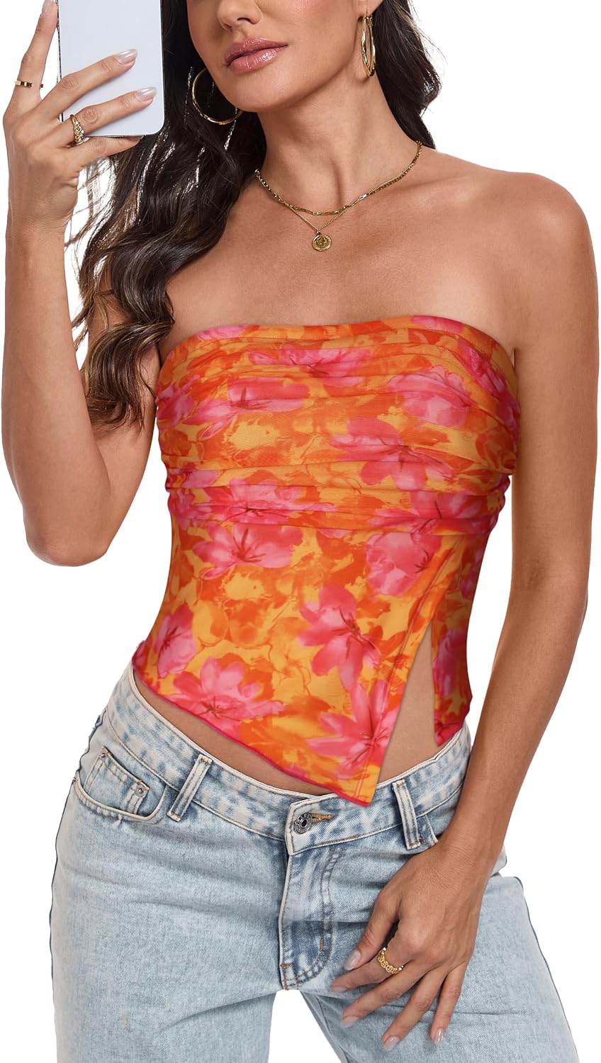 Womens Tube Top Strapless Mesh Asymmetrical Hem Crop Tops Summer Bandeau | Cute summer tops, Basic short shirts, Going out top, Y2k style, Vacation outfits