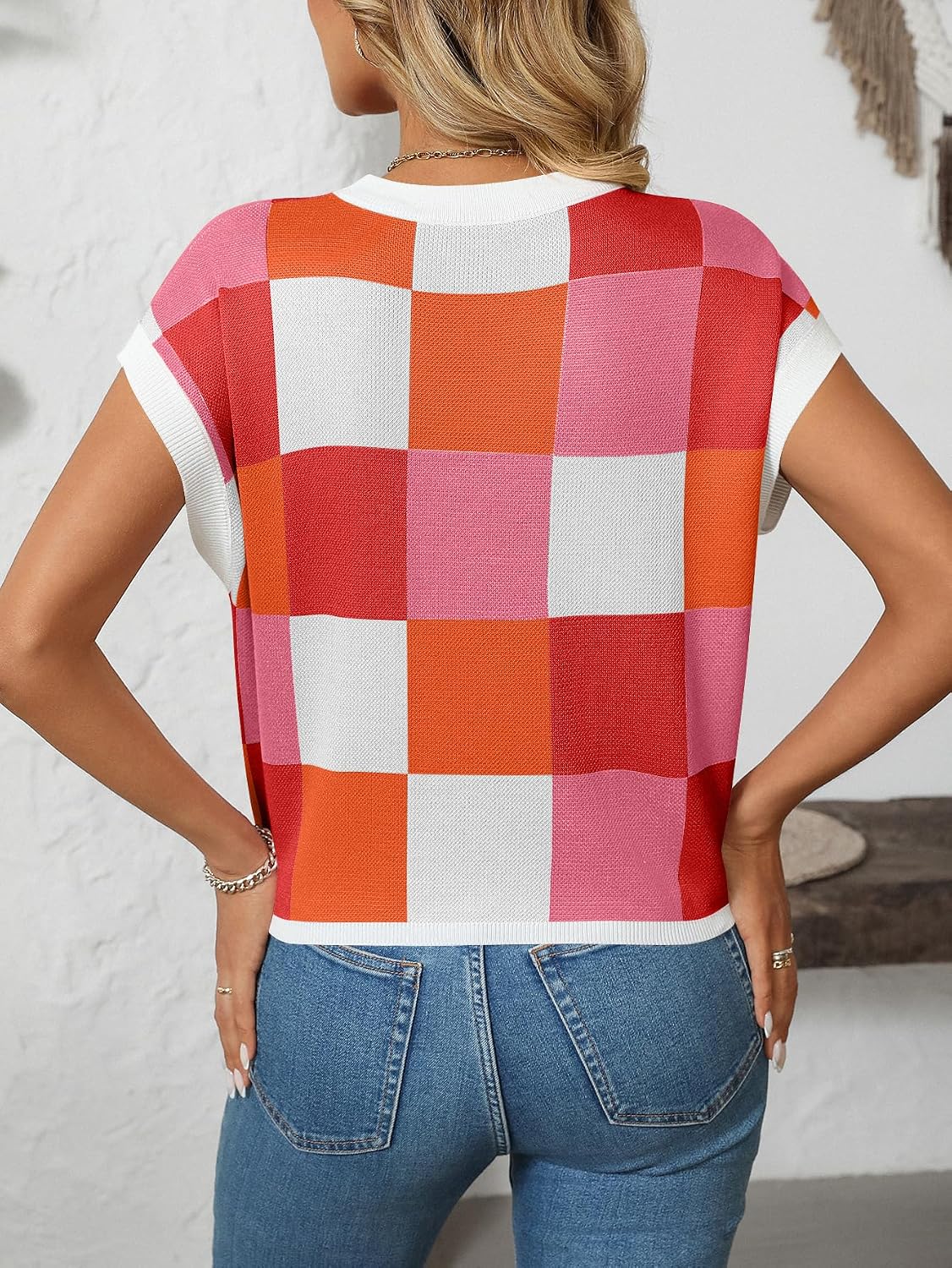 Checkered Tops for Women Cap Short Sleeve Pullover Sweater Color Block Knitted Plaid Shirt