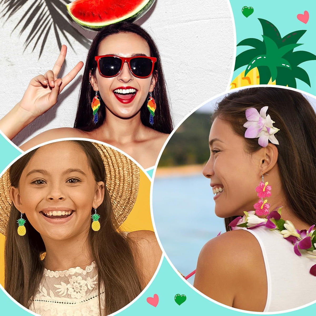 8 Pairs Summer Earrings for Women Hawaiian Tropical Acrylic Dangle Earrings Hawaii Flower Pineapple Leaf Earring Holiday Jewelry