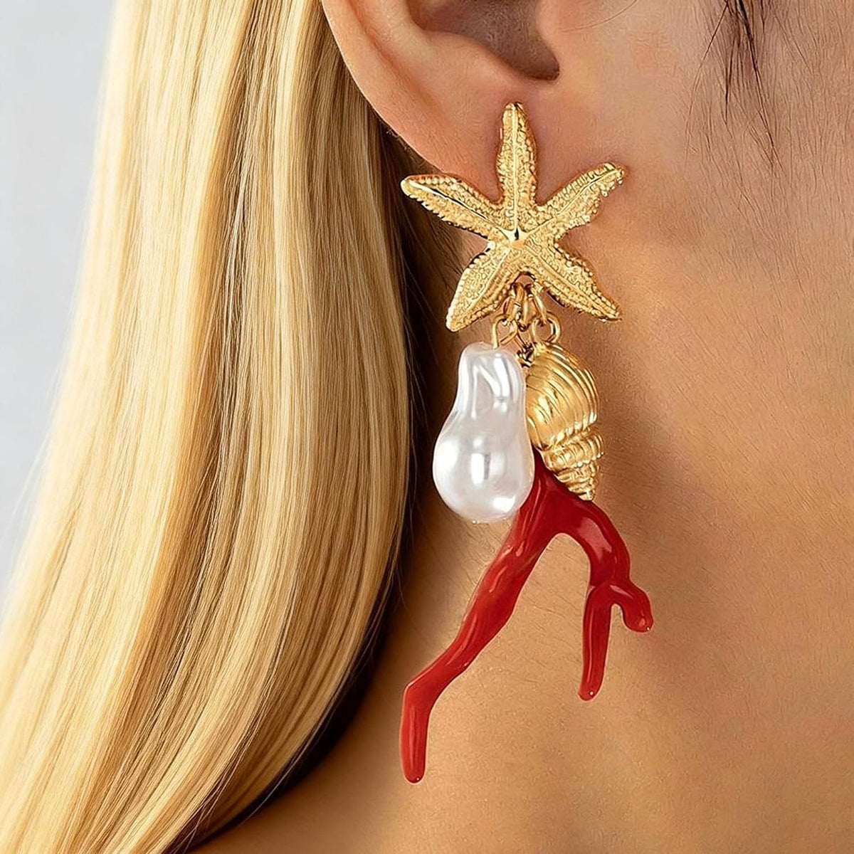 Starfish Coral Pearl Earrings for Women, Gold Beach Dangle Earrings with Shell Star Design, Summer Boho Statement Jewelry, Ocean Vacation Accessories Gift