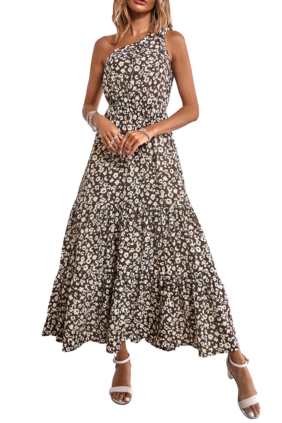 PRETTYGARDEN Women's One Shoulder Boho Floral Maxi Dress | Sleeveless Tiered A Line, Long Flowy Sundress, Tie Knot Summer Vacation Dresses, Spring Wedding Guest Outfits for Beach Party
