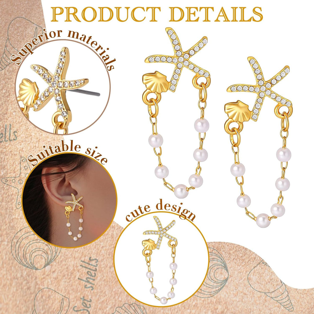 Tondiamo 6 Pairs Gold Earrings Beach Outfits for Women Starfish Earrings Seashell Pearl Jewelry Summer Fashion Accessory Shell Drop Hoop Tropical Beachy Gift for Cruise Travel Ocean Tropical Vacation