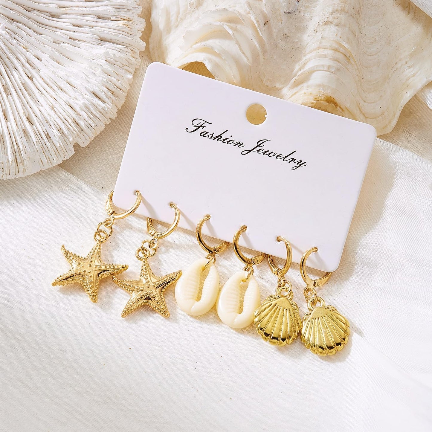3Pairs Boho Starfish Shell Dangle Drop Earrings Dainty Ocean Theme Seashell Starfish Hoop Earrings for Women Summer Beach Holiday Vacation Outfits Accessories Jewelry Gifts