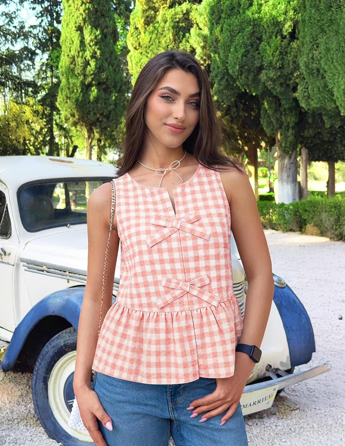 ZESICA Women's Summer Sleeveless Gingham Tank Tops 2026 Crewneck Tie Front Top Loose Ruffle Peplum Babydoll Blouses