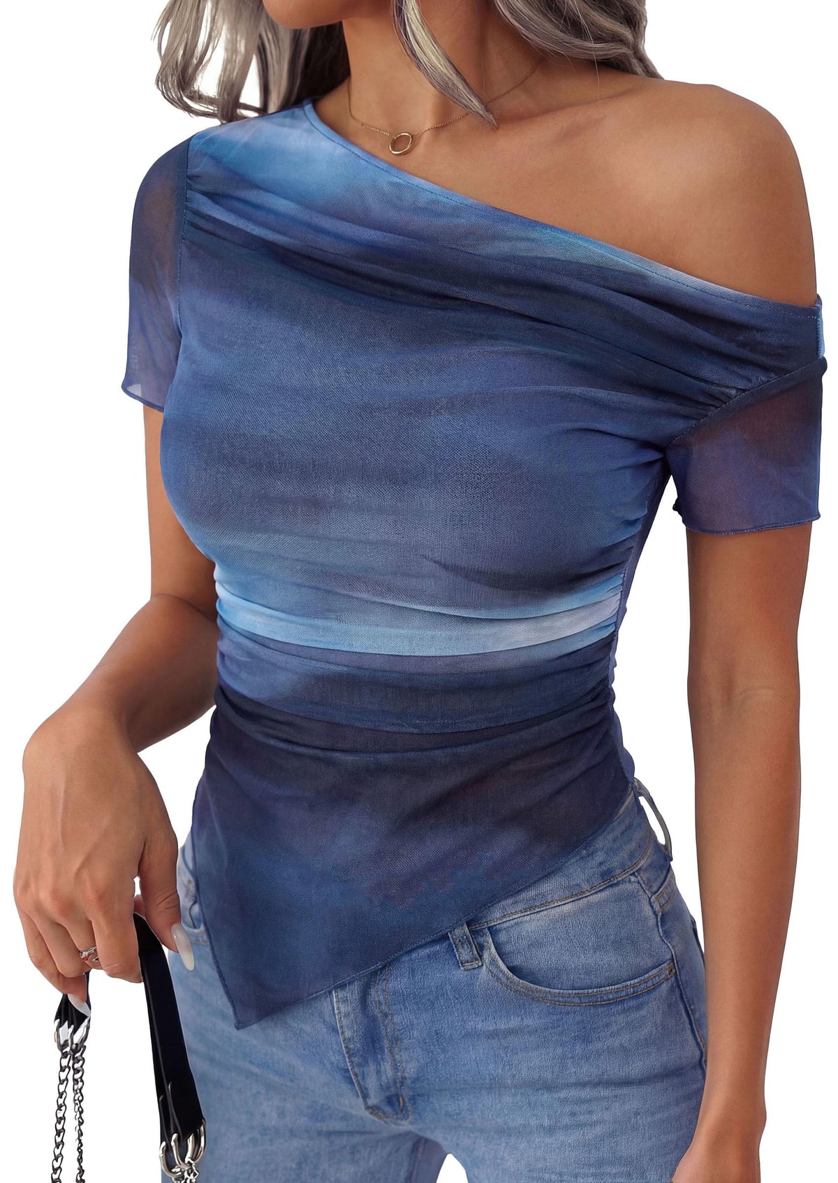 PRETTYGARDEN Mesh Off The Shoulder Tops for Women | Soft Stretchy Knit,Slim Fit Tie Dye Shirt,Double Lined Blouses,Asymmetrical Ruched Y2k Clothes,Summer Beach Vacation Outfits