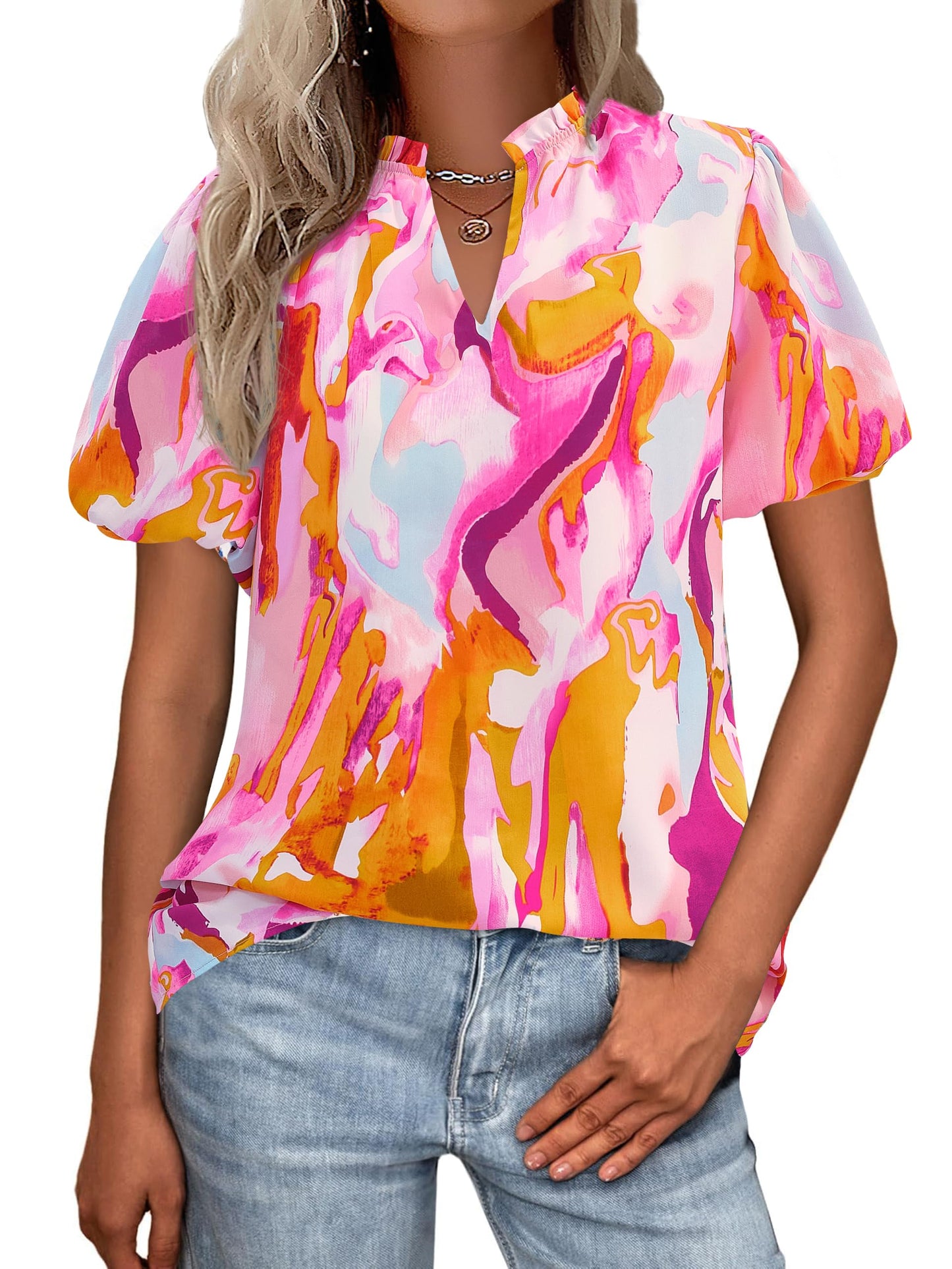 MASCOMODA Boho Short Sleeve Floral Work Blouses for Women Dressy Casual | Puff Sleeve Floral Tops Trendy, Ruffle V Neck, Loose Fit & Lined, Bohemian Top, Chiffon Blouses, Flowy Spring Work Shirts