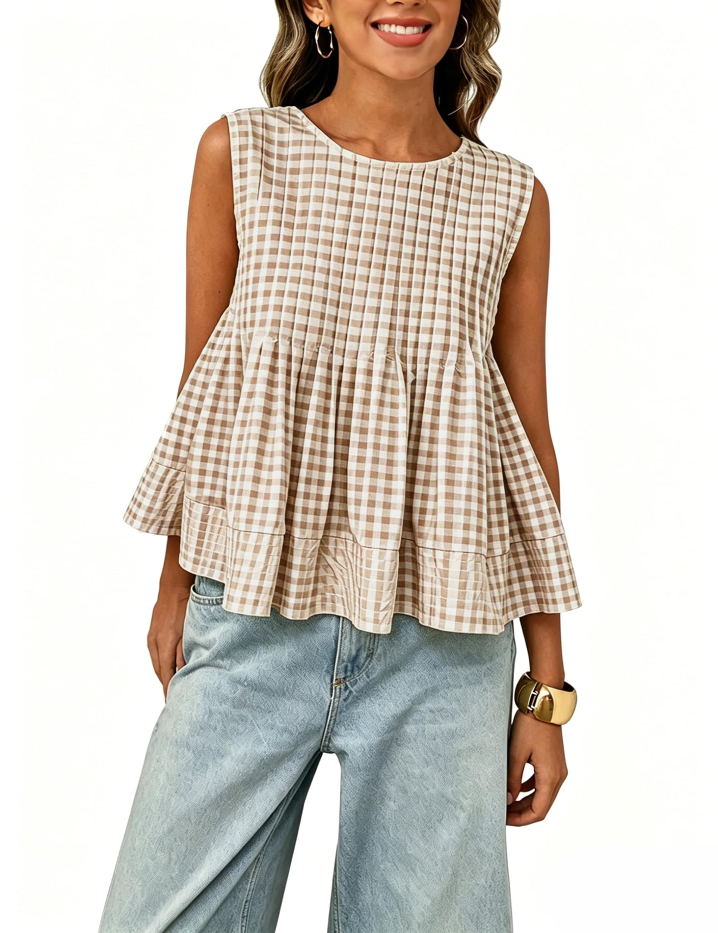 Megfie Womens Summer Pleated Peplum Sleeveless Blouse Tank Tops Round Neck Y2K Babydoll Blouse Shirt
