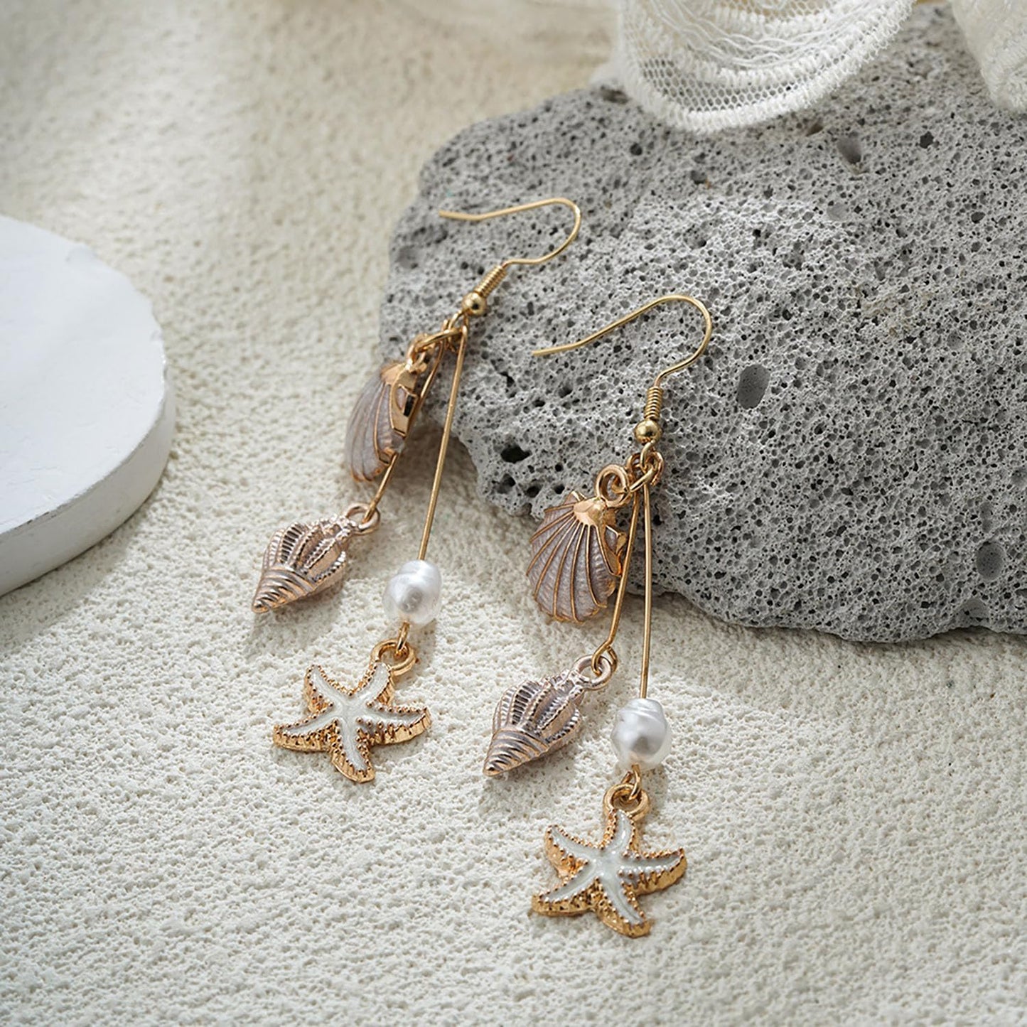 Gold Starfish Shell Dangle Drop Earrings Summer Beach Jewelry for Women | Boho Conch Shell Drop Earrings Ocean Beach Jewelry for Summer Vacation Outfits Accessories