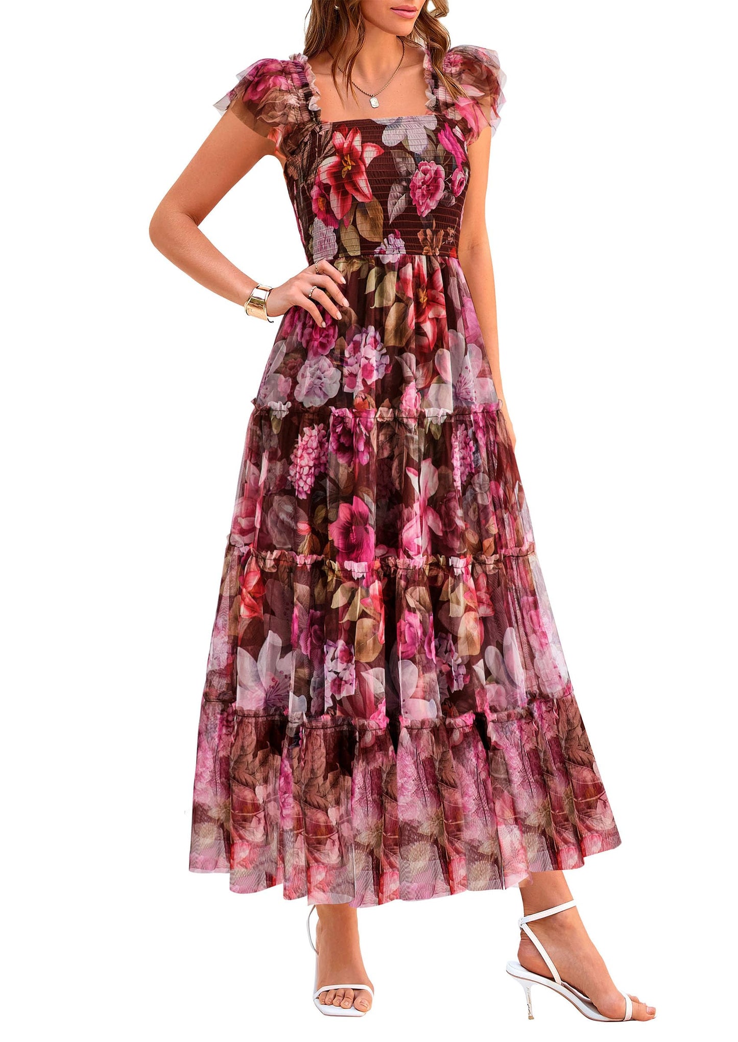 PRETTYGARDEN Women's Summer Smocked Midi Tulle Dress | Sleeveless Square Neck A Line, Flowy Tiered Mesh, Spring Semi Formal Wedding Guest Outfits, Homecoming Prom Party Dresses