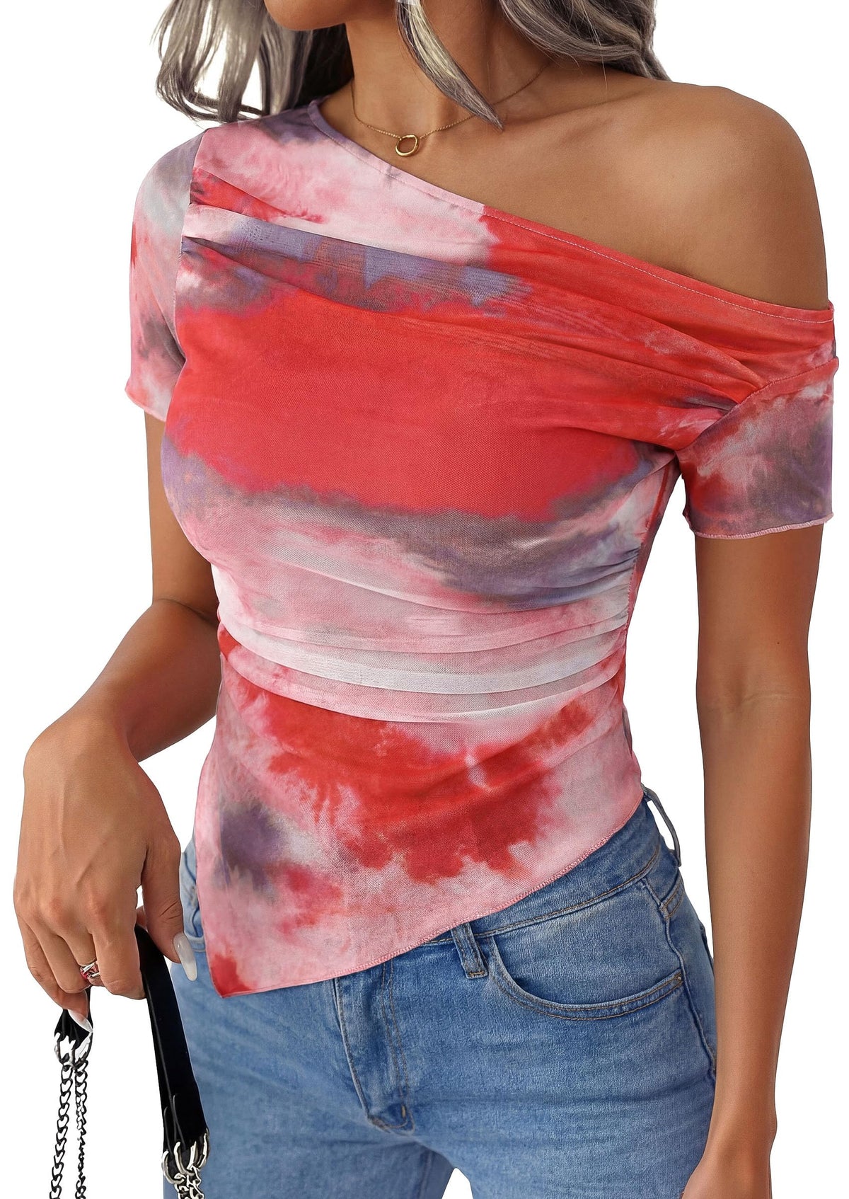 PRETTYGARDEN Mesh Off The Shoulder Tops for Women | Soft Stretchy Knit,Slim Fit Tie Dye Shirt,Double Lined Blouses,Asymmetrical Ruched Y2k Clothes,Summer Beach Vacation Outfits