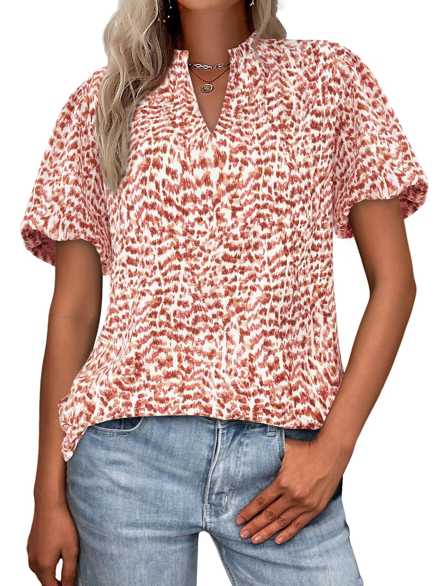 MASCOMODA Boho Short Sleeve Floral Work Blouses for Women Dressy Casual | Puff Sleeve Floral Tops Trendy, Ruffle V Neck, Loose Fit & Lined, Bohemian Top, Chiffon Blouses, Flowy Spring Work Shirts