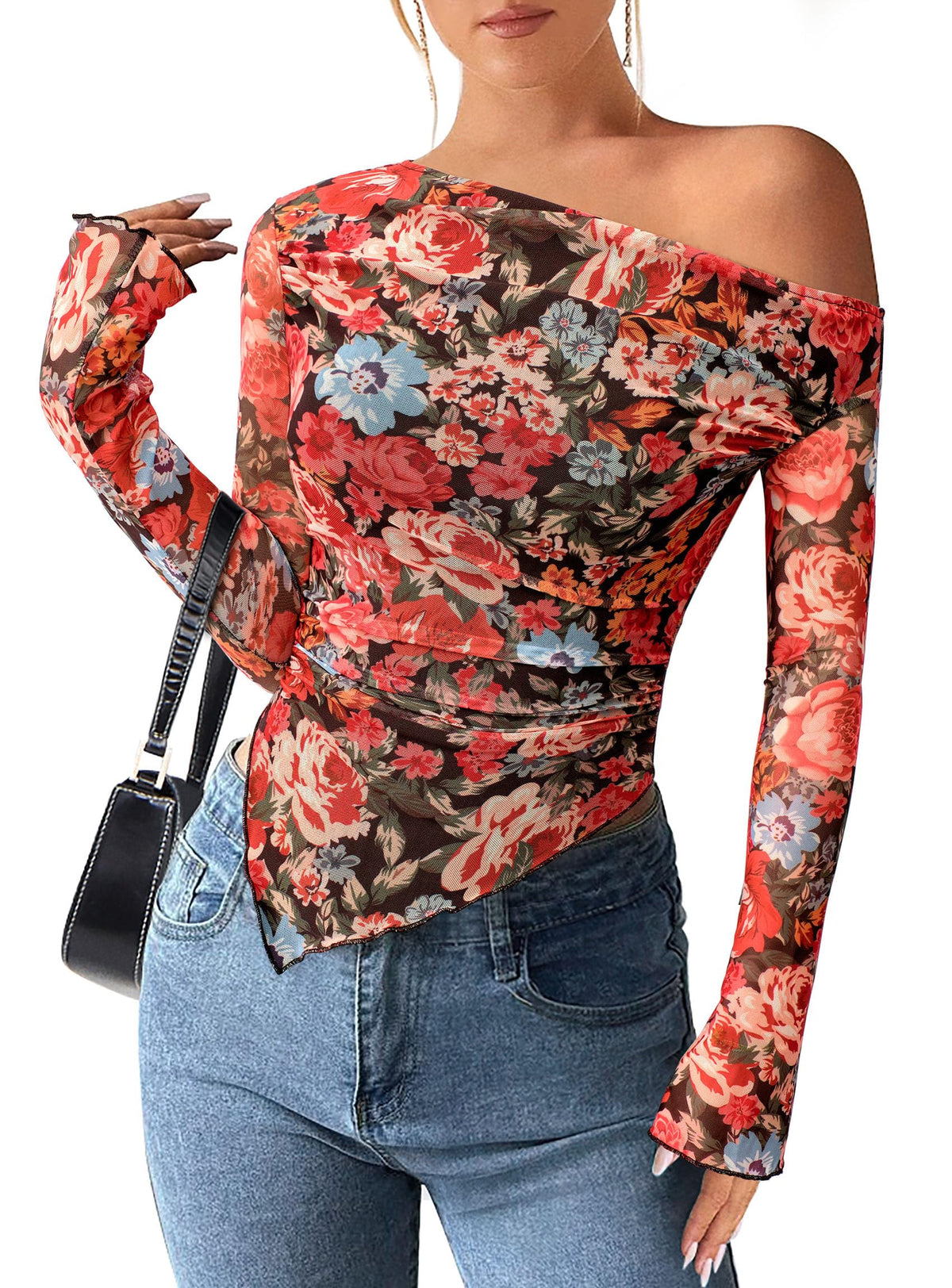 PRETTYGARDEN Womens Off Shoulder Mesh Y2k Tops | Stretchy Fitted Long Sleeve Shirts,Tie Dye Floral Blouse,Double Lined Ruched,Asymmetrical Hem,Going Out Daily Fall Clothes