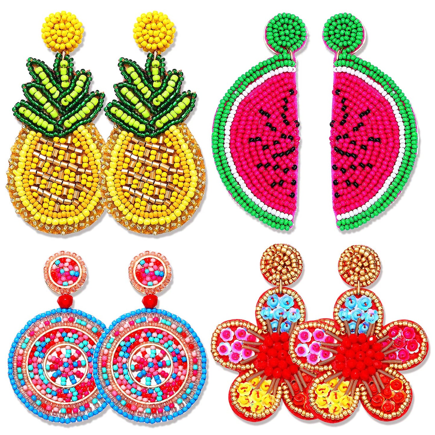 4 Pairs Beaded Earrings for Women Boho Geometric Beaded Dangle Earrings Statement Pineapple Flower Drop Earrings Colorful Summer Earrings Set Jewelry Gift