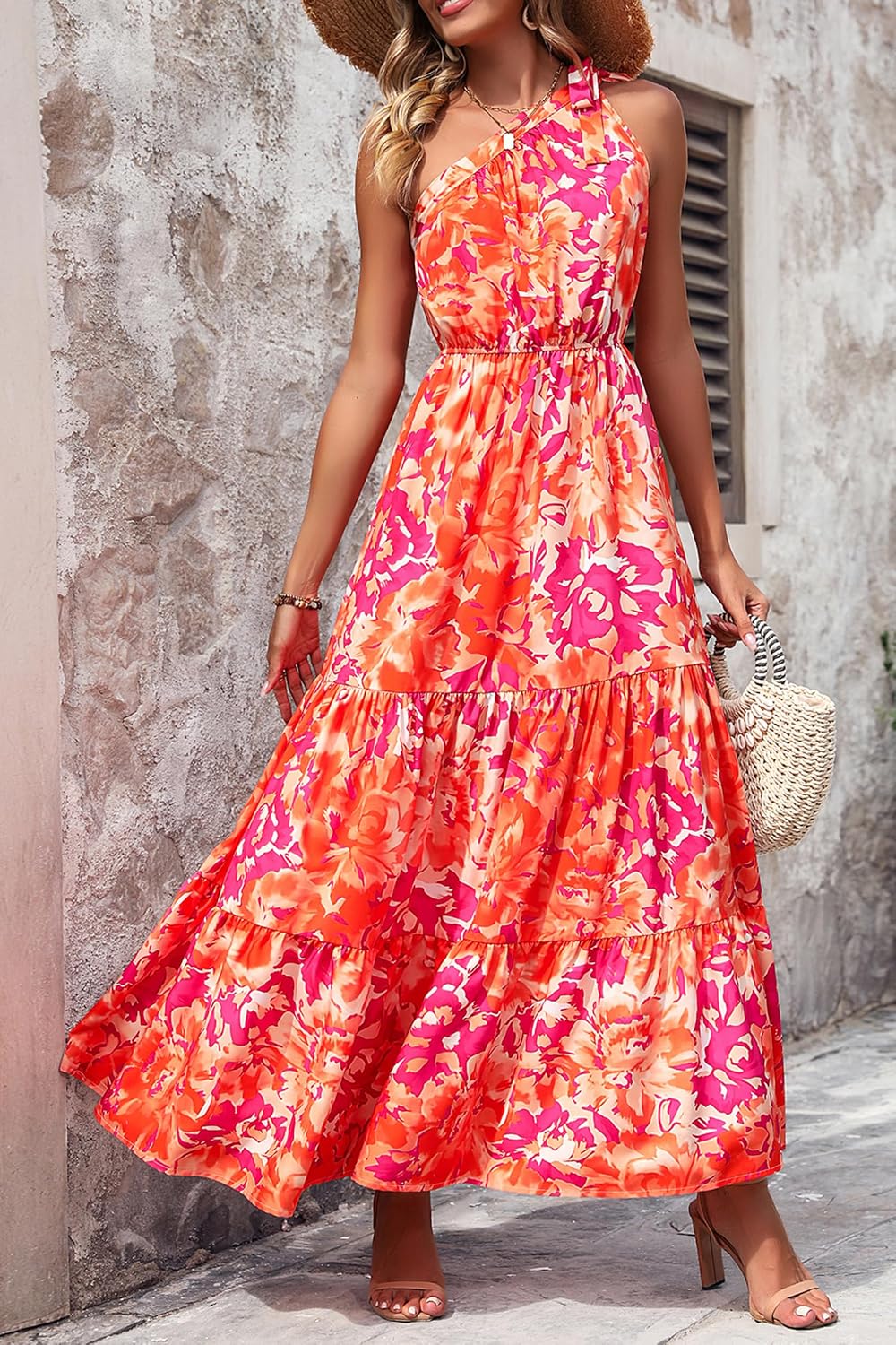 PRETTYGARDEN Women's One Shoulder Boho Floral Maxi Dress | Sleeveless Tiered A Line, Long Flowy Sundress, Tie Knot Summer Vacation Dresses, Spring Wedding Guest Outfits for Beach Party