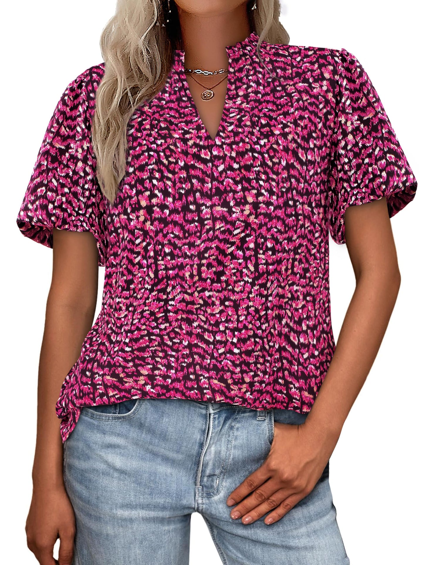 MASCOMODA Boho Short Sleeve Floral Work Blouses for Women Dressy Casual | Puff Sleeve Floral Tops Trendy, Ruffle V Neck, Loose Fit & Lined, Bohemian Top, Chiffon Blouses, Flowy Spring Work Shirts