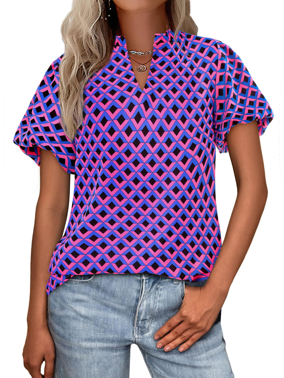 MASCOMODA Boho Short Sleeve Floral Work Blouses for Women Dressy Casual | Puff Sleeve Floral Tops Trendy, Ruffle V Neck, Loose Fit & Lined, Bohemian Top, Chiffon Blouses, Flowy Spring Work Shirts