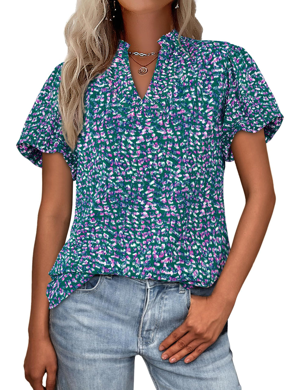 MASCOMODA Boho Short Sleeve Floral Work Blouses for Women Dressy Casual | Puff Sleeve Floral Tops Trendy, Ruffle V Neck, Loose Fit & Lined, Bohemian Top, Chiffon Blouses, Flowy Spring Work Shirts