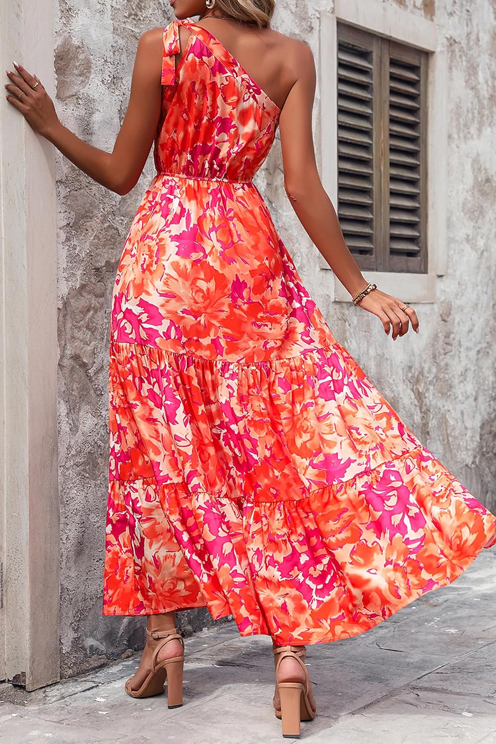 PRETTYGARDEN Women's One Shoulder Boho Floral Maxi Dress | Sleeveless Tiered A Line, Long Flowy Sundress, Tie Knot Summer Vacation Dresses, Spring Wedding Guest Outfits for Beach Party