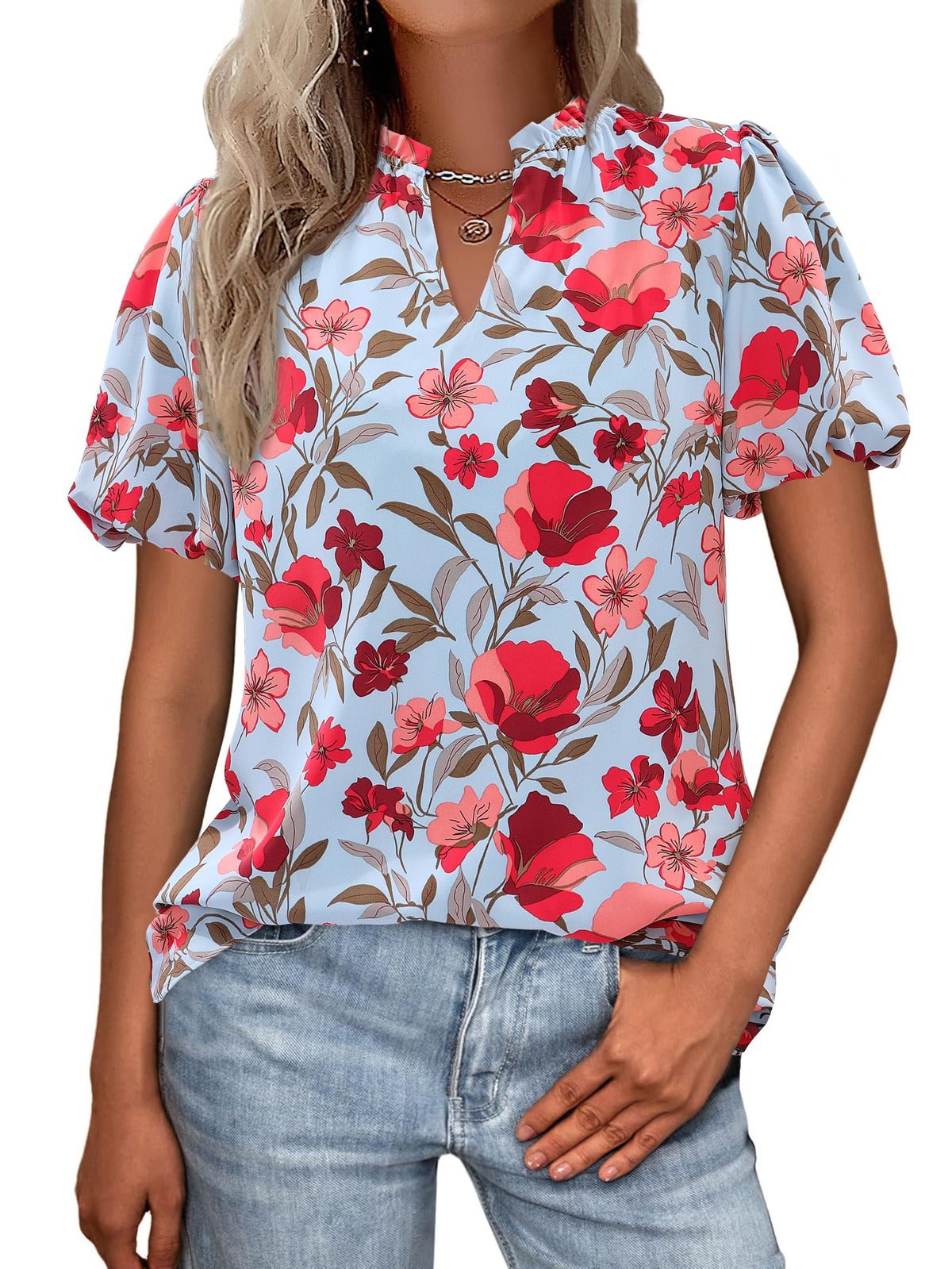 MASCOMODA Boho Short Sleeve Floral Work Blouses for Women Dressy Casual | Puff Sleeve Floral Tops Trendy, Ruffle V Neck, Loose Fit & Lined, Bohemian Top, Chiffon Blouses, Flowy Spring Work Shirts