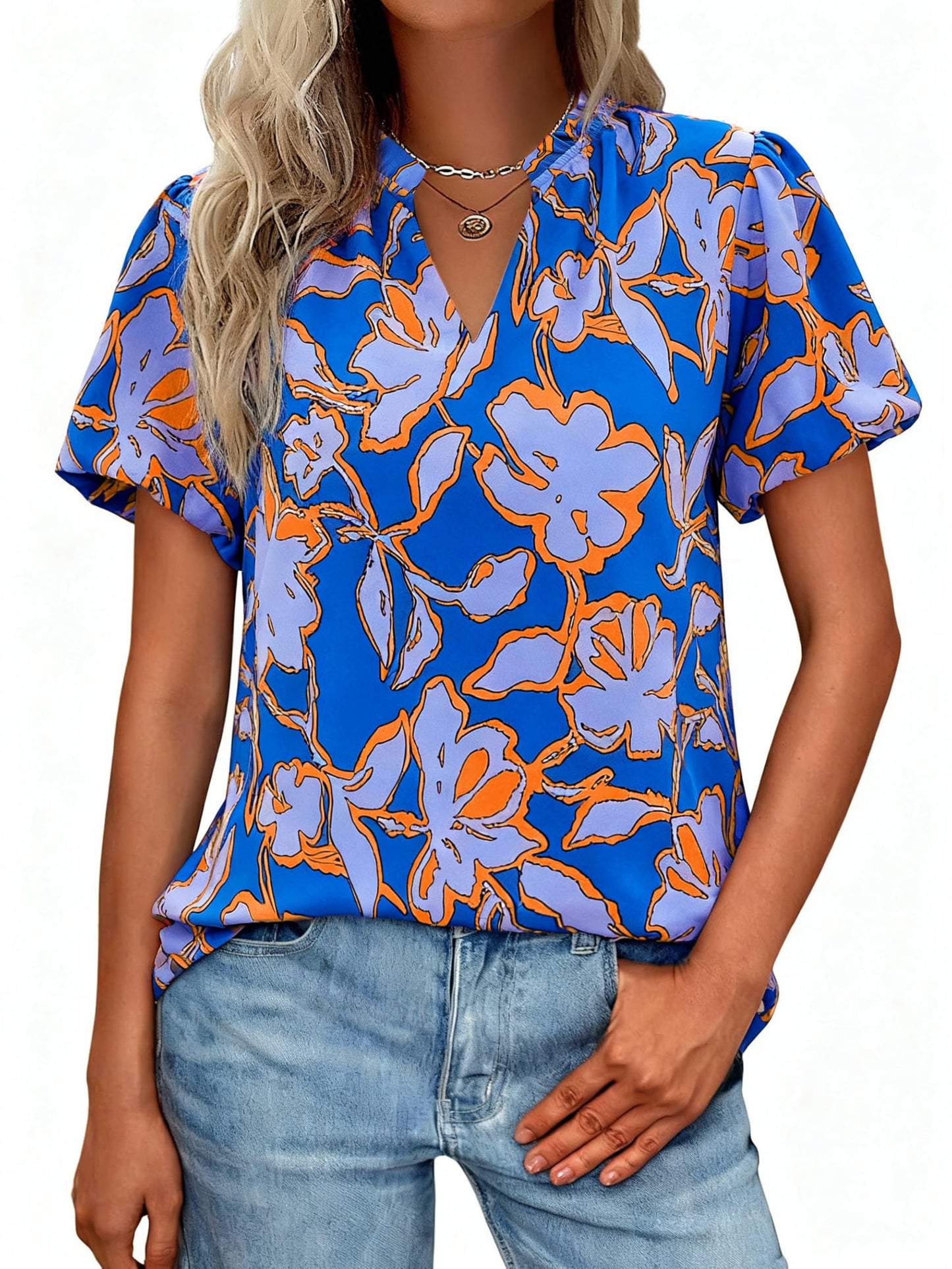 MASCOMODA Boho Short Sleeve Floral Work Blouses for Women Dressy Casual | Puff Sleeve Floral Tops Trendy, Ruffle V Neck, Loose Fit & Lined, Bohemian Top, Chiffon Blouses, Flowy Spring Work Shirts