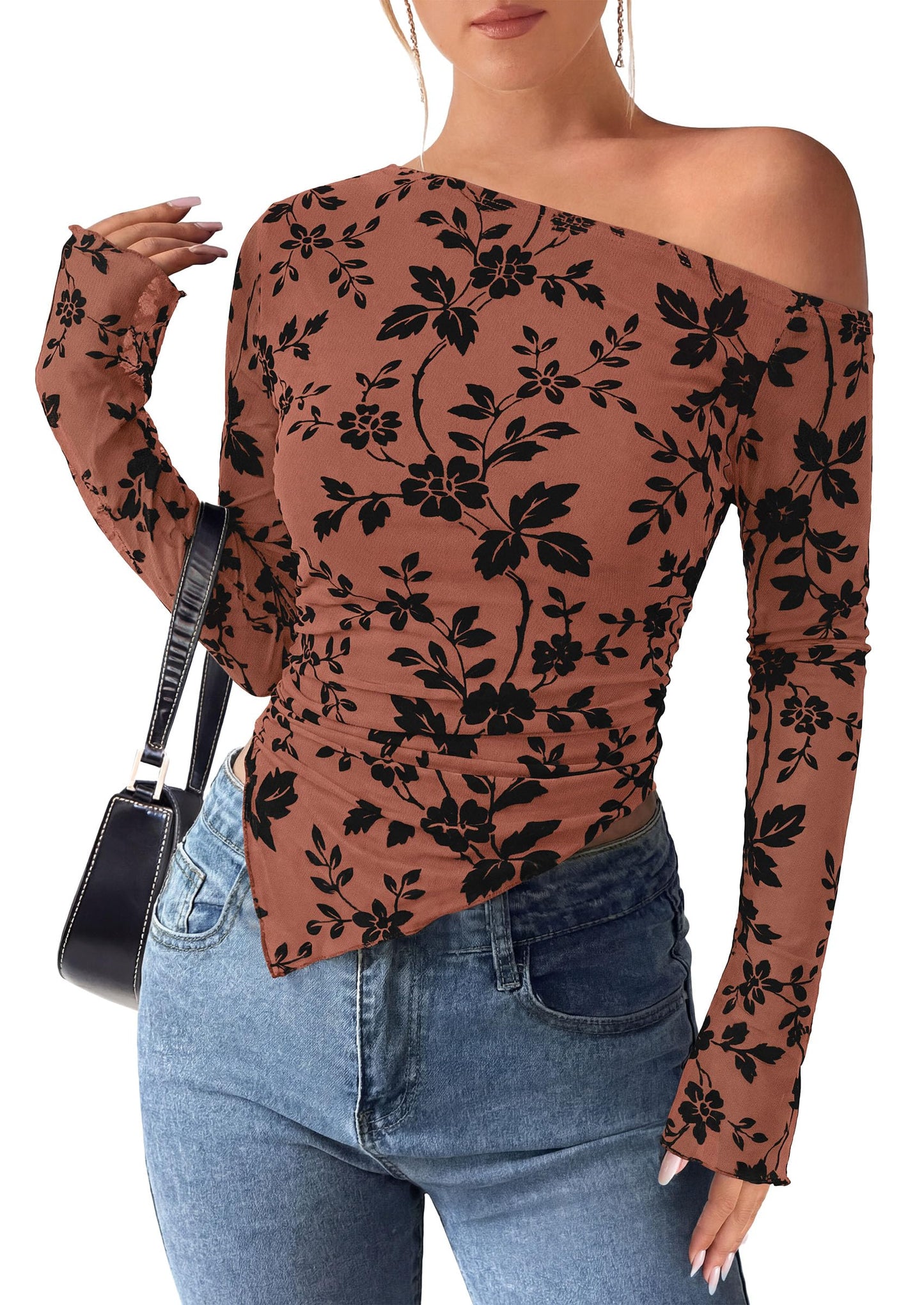 PRETTYGARDEN Womens Off Shoulder Mesh Y2k Tops | Stretchy Fitted Long Sleeve Shirts,Tie Dye Floral Blouse,Double Lined Ruched,Asymmetrical Hem,Going Out Daily Fall Clothes