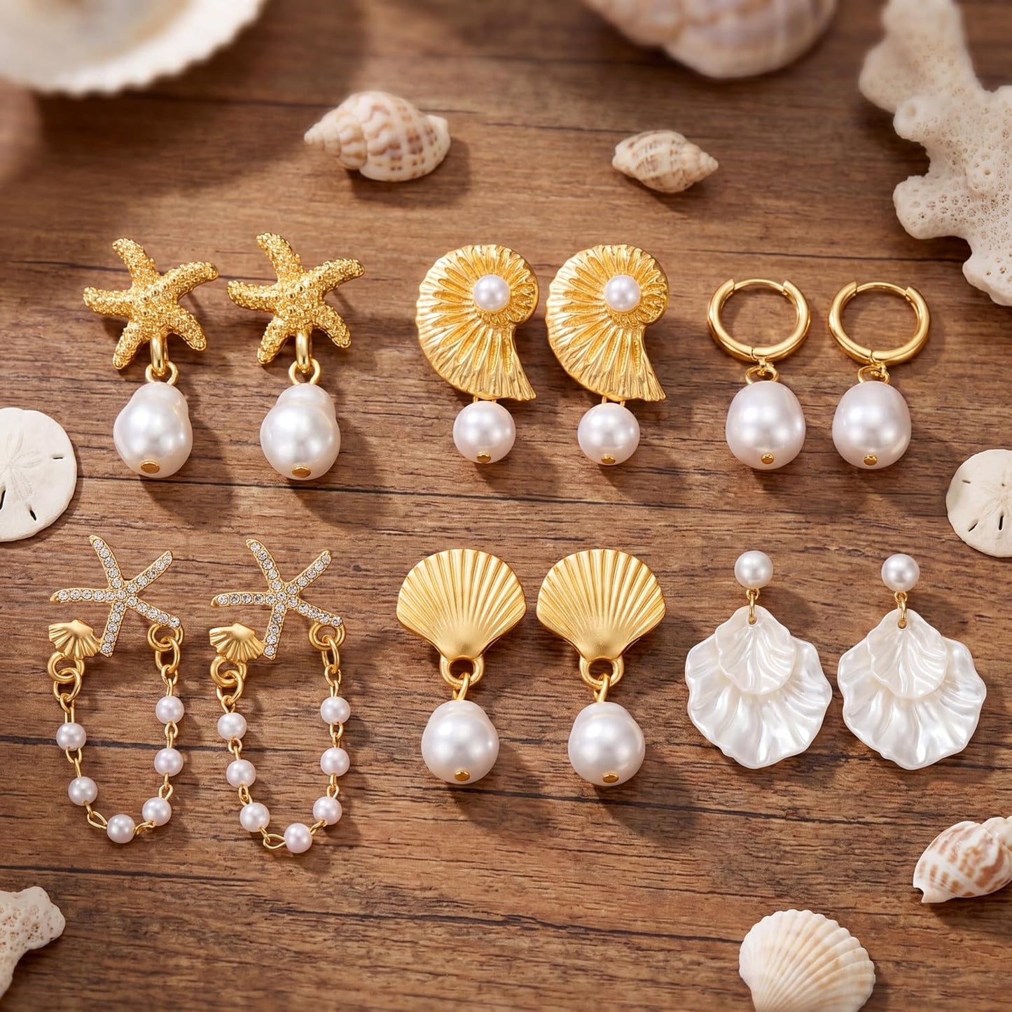 Tondiamo 6 Pairs Gold Earrings Beach Outfits for Women Starfish Earrings Seashell Pearl Jewelry Summer Fashion Accessory Shell Drop Hoop Tropical Beachy Gift for Cruise Travel Ocean Tropical Vacation