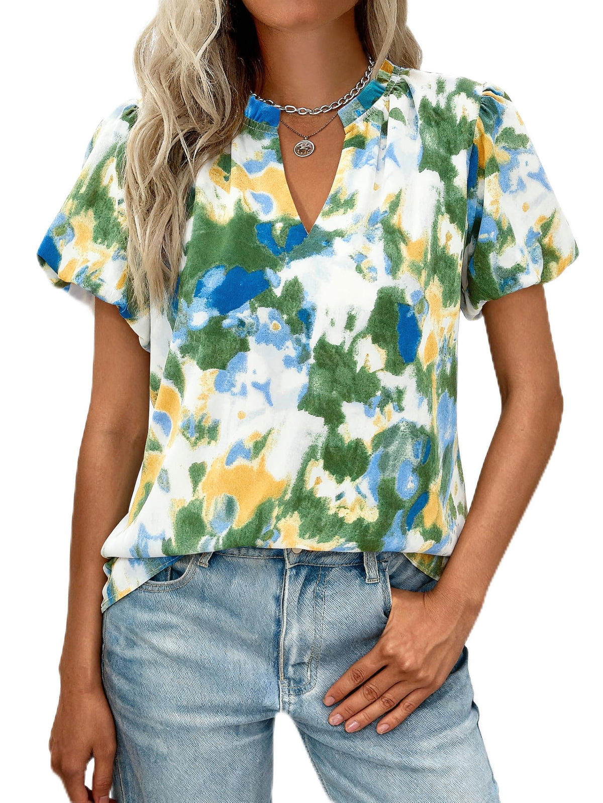 MASCOMODA Boho Short Sleeve Floral Work Blouses for Women Dressy Casual | Puff Sleeve Floral Tops Trendy, Ruffle V Neck, Loose Fit & Lined, Bohemian Top, Chiffon Blouses, Flowy Spring Work Shirts