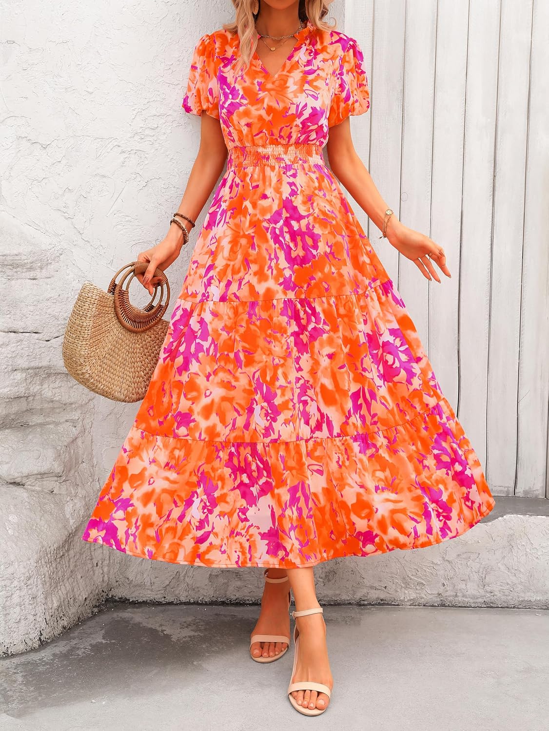 MASCOMODA Summer Maxi Dresses for Women 2026 Short Sleeve Long Floral Dress | Puff Sleeve, Casual V Neck, Smocked Waist, Tiered Ruffle Hem, A line Boho Dresses, Elegant Beach Flowy Long Dress Spring