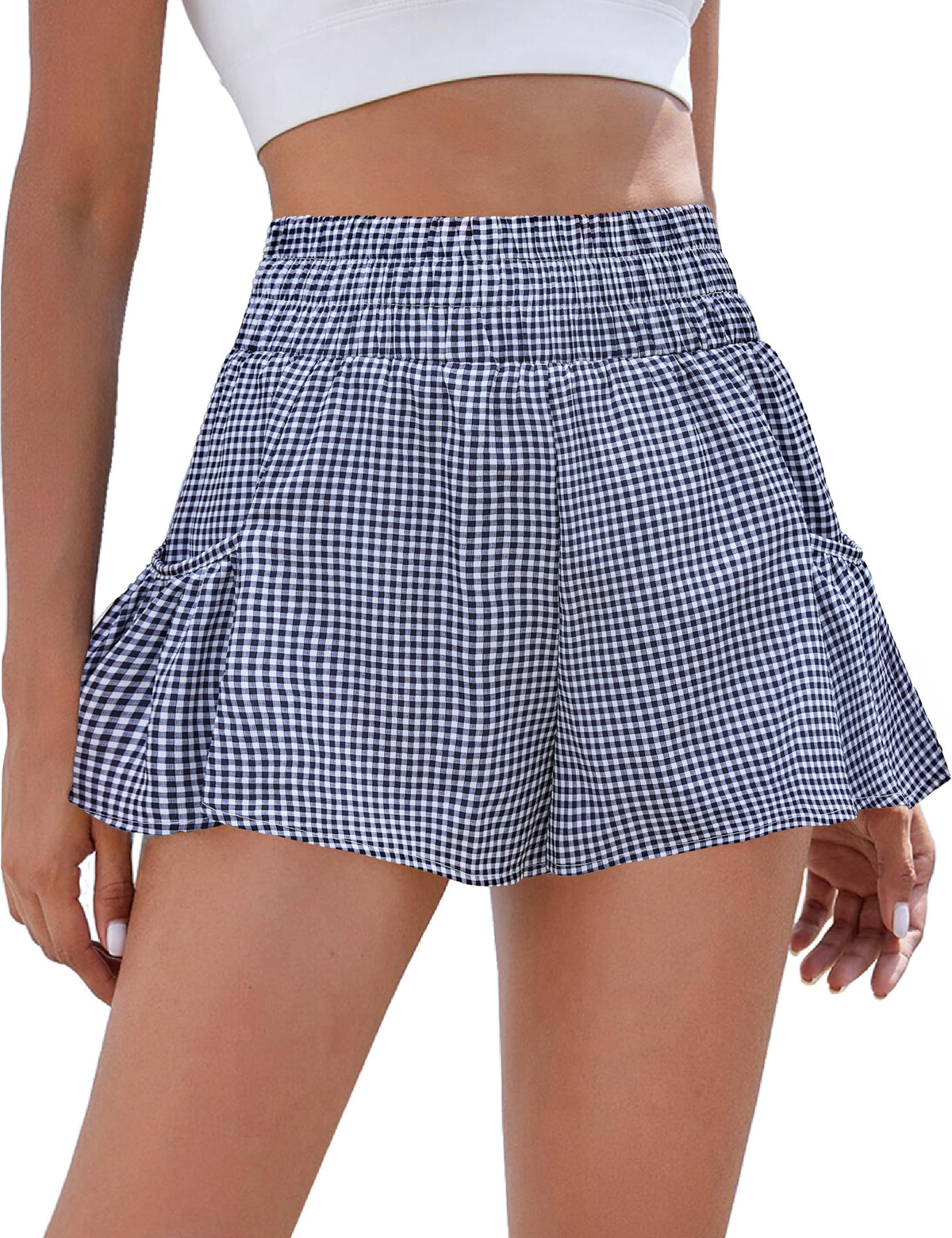 BMJL Womens Athletic Running Shorts 2.5" Flowy High Waisted Ruffle Shorts | workout,gym,two side pockets,elastic high waisted,quick dry fabric,built in liner,solid,gingham,leopard,striped shorts