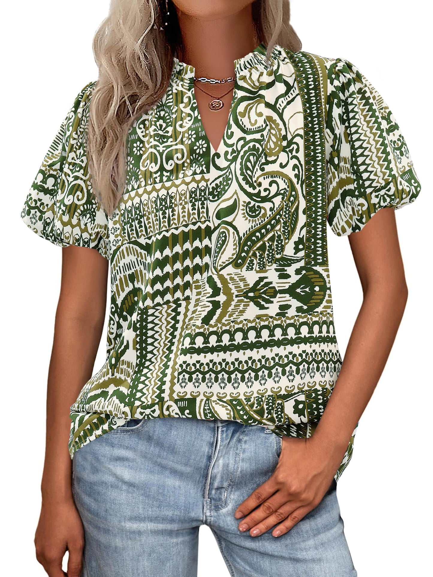 MASCOMODA Boho Short Sleeve Floral Work Blouses for Women Dressy Casual | Puff Sleeve Floral Tops Trendy, Ruffle V Neck, Loose Fit & Lined, Bohemian Top, Chiffon Blouses, Flowy Spring Work Shirts