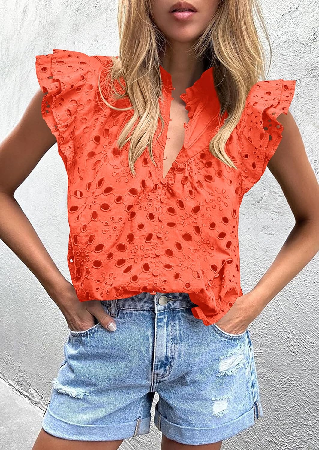 PRETTYGARDEN Women's Eyelet V Neck Summer Tops Dressy Casual | Soft Cotton with Lining,Button Boho Top,Cap Ruffle Sleeve,Hollow Out Embroidered Shirts,Resort Wear,Beach Vacation Clothes