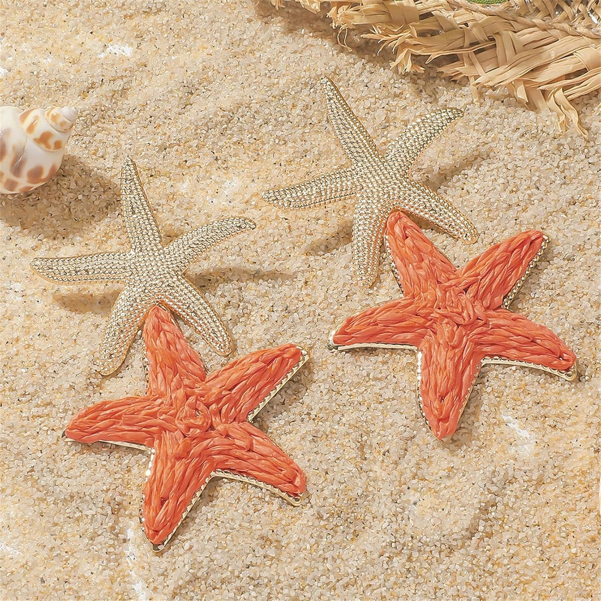 Raffia Starfish Earrings for Women Gold White Starfish Dangle Earrings Raffia Straw Statement Drop Earring Boho Summer Tropical Vacation Earring Beach Jewelry