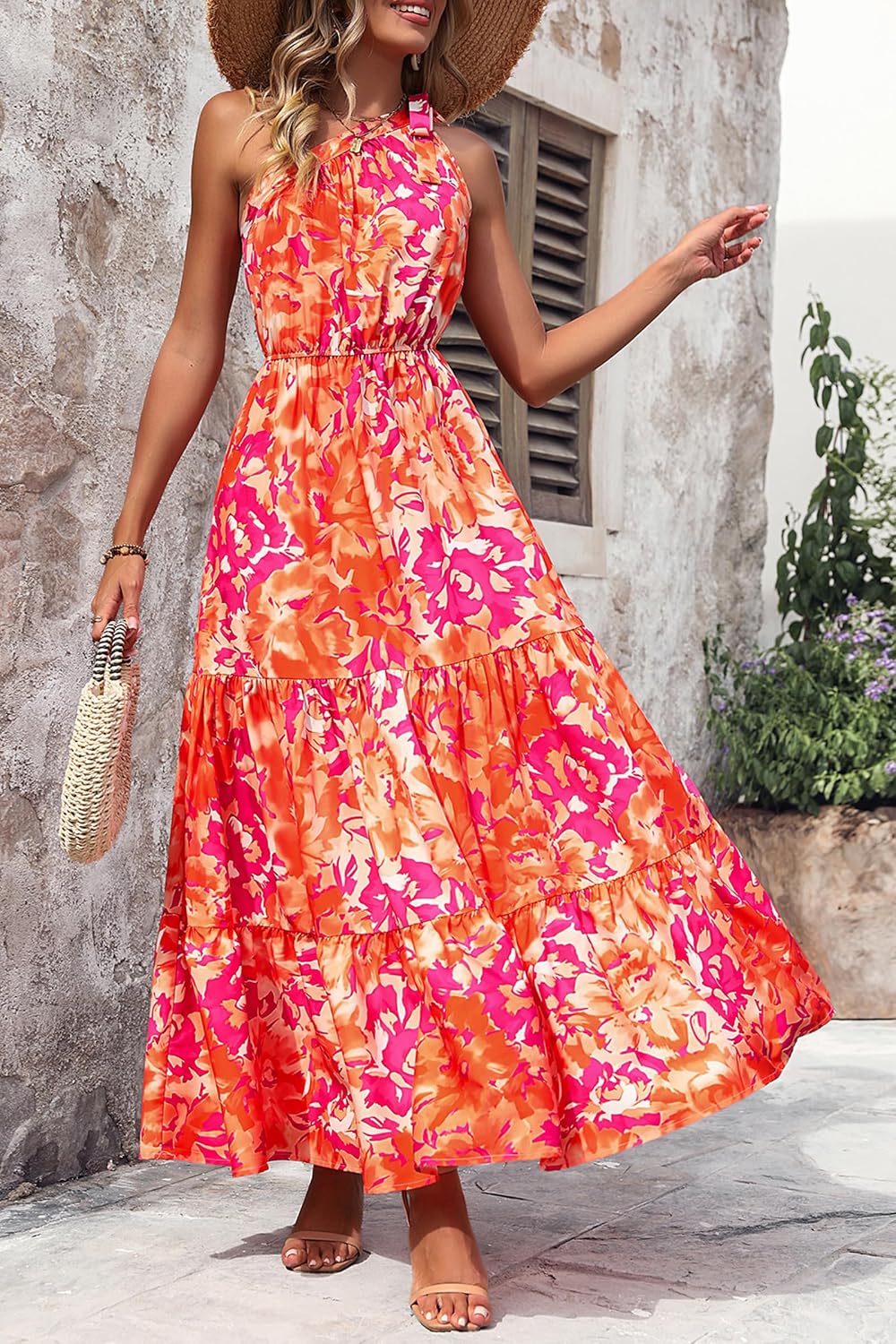 PRETTYGARDEN Women's One Shoulder Boho Floral Maxi Dress | Sleeveless Tiered A Line, Long Flowy Sundress, Tie Knot Summer Vacation Dresses, Spring Wedding Guest Outfits for Beach Party
