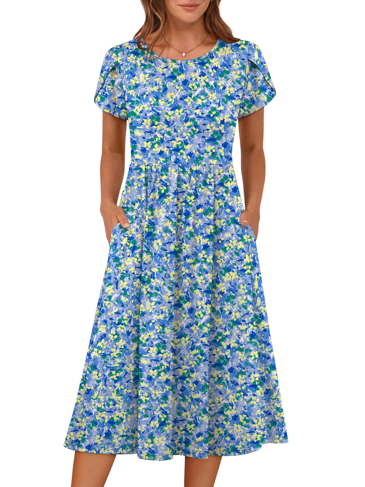 ANRABESS Women's Summer Short Sleeve A-Line Midi Dresses Casual Floral T-Shirt Dresses Flowy Beach Sundress with Pockets