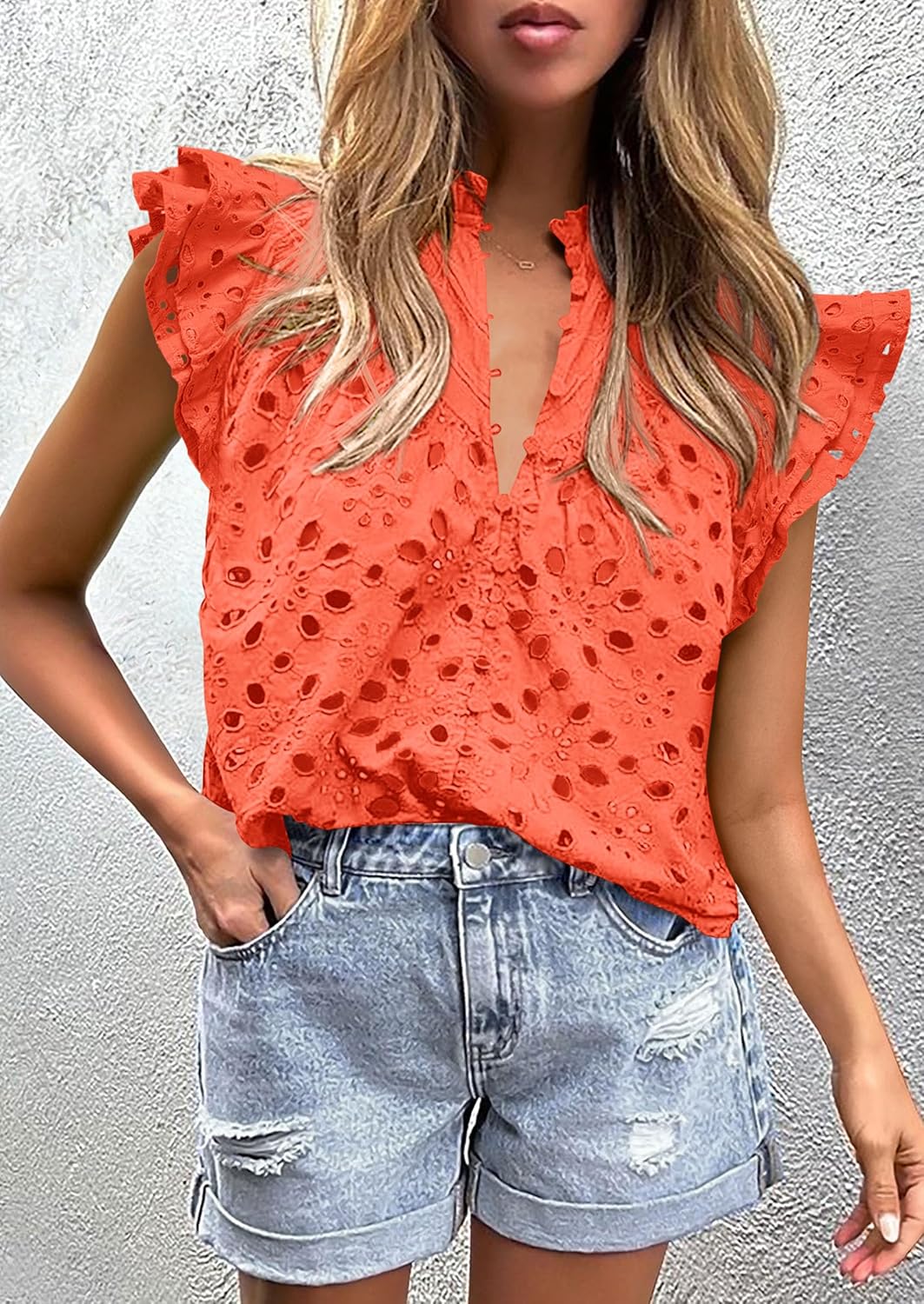 PRETTYGARDEN Women's Eyelet V Neck Summer Tops Dressy Casual | Soft Cotton with Lining,Button Boho Top,Cap Ruffle Sleeve,Hollow Out Embroidered Shirts,Resort Wear,Beach Vacation Clothes