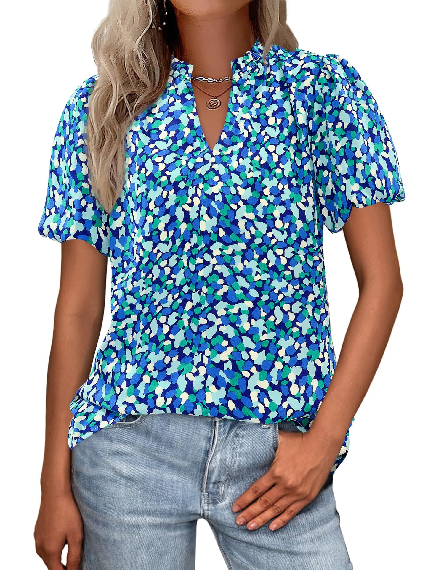 MASCOMODA Boho Short Sleeve Floral Work Blouses for Women Dressy Casual | Puff Sleeve Floral Tops Trendy, Ruffle V Neck, Loose Fit & Lined, Bohemian Top, Chiffon Blouses, Flowy Spring Work Shirts