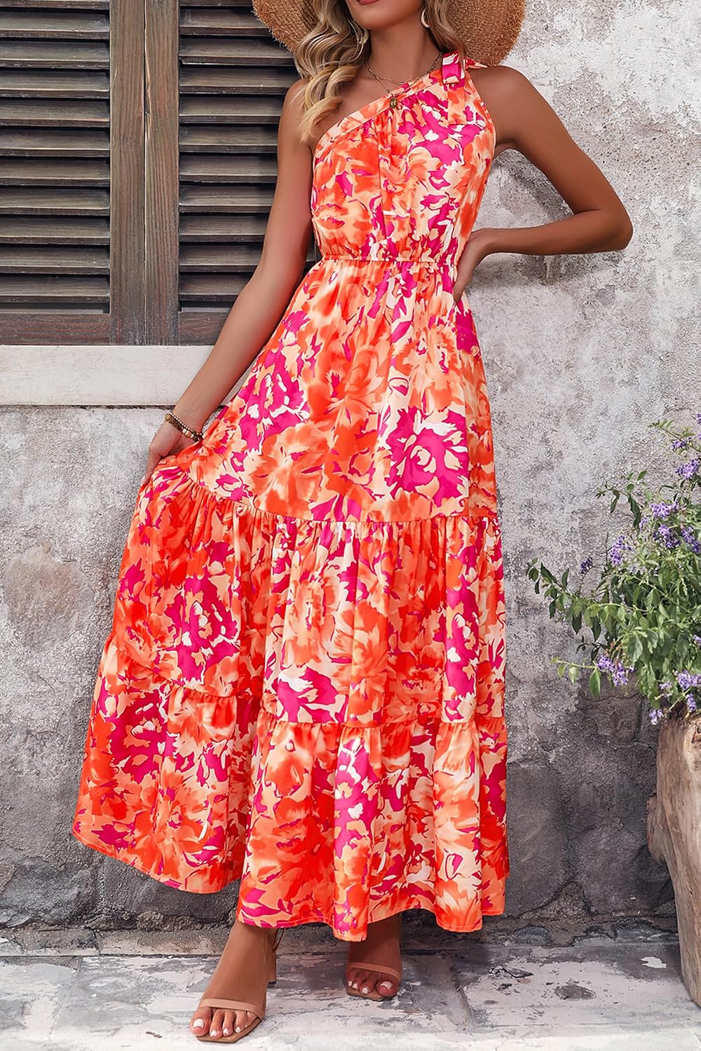 PRETTYGARDEN Women's One Shoulder Boho Floral Maxi Dress | Sleeveless Tiered A Line, Long Flowy Sundress, Tie Knot Summer Vacation Dresses, Spring Wedding Guest Outfits for Beach Party