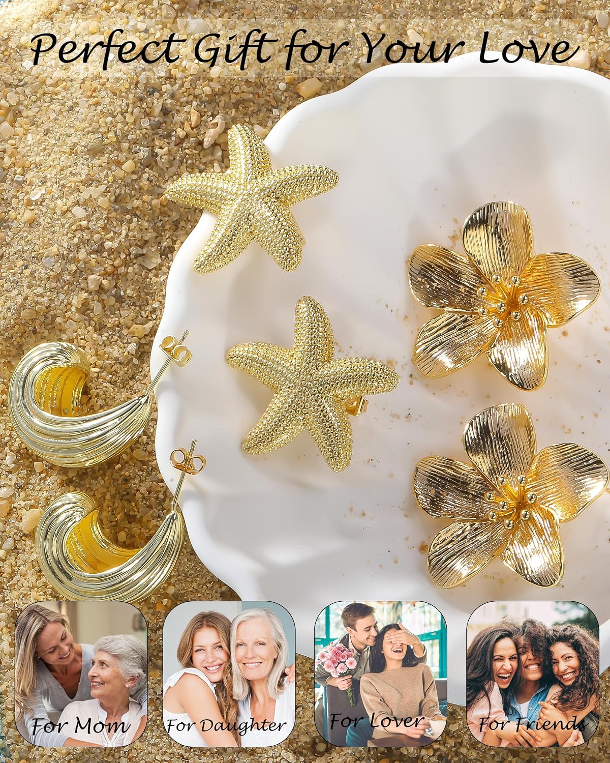 TOBENY Gold Earrings For Women Trendy Chunky Hammered Statement Dangle | 14K Gold Plated, Starfish Seashell Flower Stud Earrings, Large Hypoallergenic Teardrop Earring, Summer Beach Vacation Jewelry