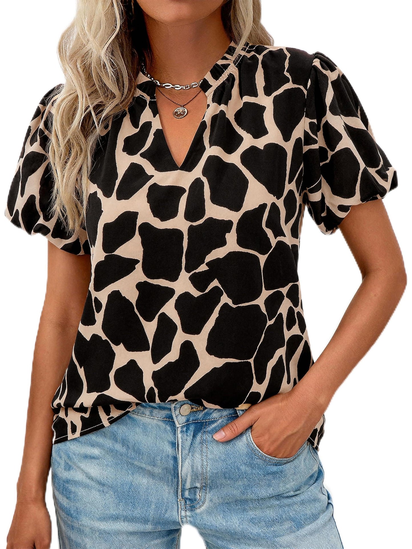 MASCOMODA Boho Short Sleeve Floral Work Blouses for Women Dressy Casual | Puff Sleeve Floral Tops Trendy, Ruffle V Neck, Loose Fit & Lined, Bohemian Top, Chiffon Blouses, Flowy Spring Work Shirts