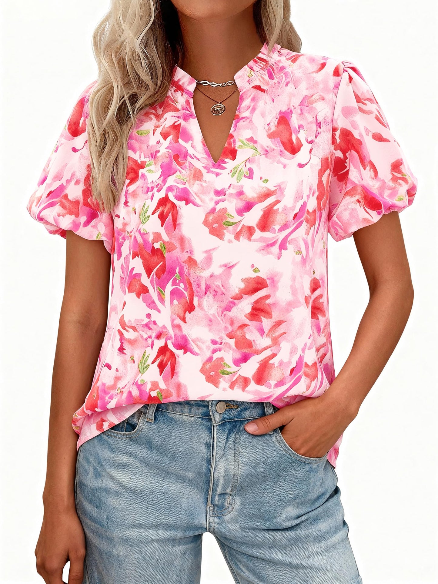 MASCOMODA Boho Short Sleeve Floral Work Blouses for Women Dressy Casual | Puff Sleeve Floral Tops Trendy, Ruffle V Neck, Loose Fit & Lined, Bohemian Top, Chiffon Blouses, Flowy Spring Work Shirts