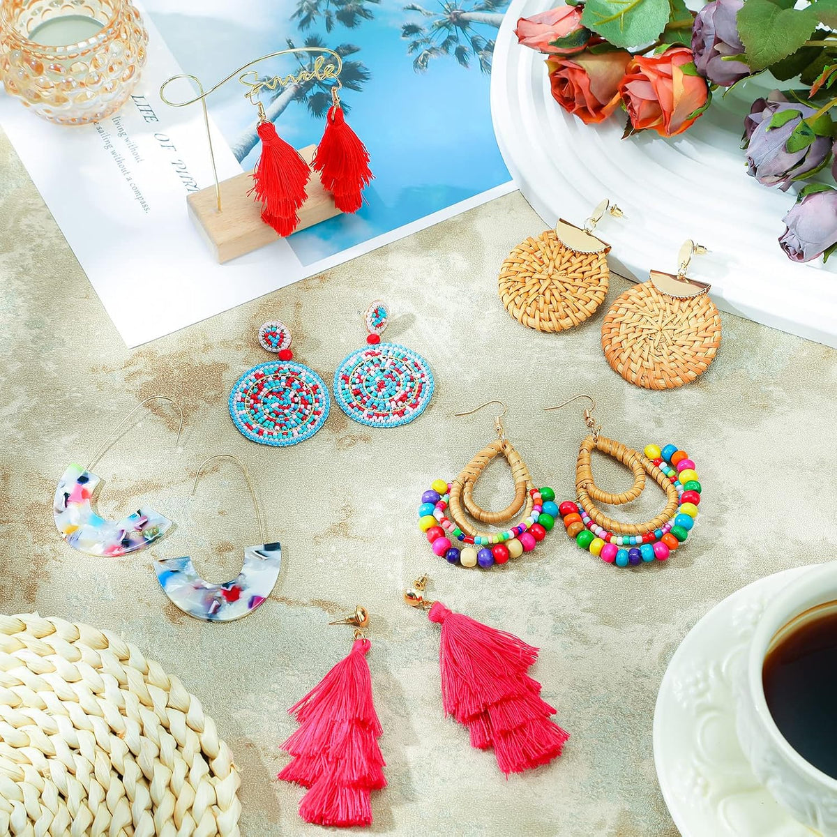 Hicarer 6 Pair Boho Rattan Earrings for Women | Straw Tassel Geometric, Summer Party Jewelry, Light Dangle Style, Beach Outfits, Vacation Looks, Boho Accessories