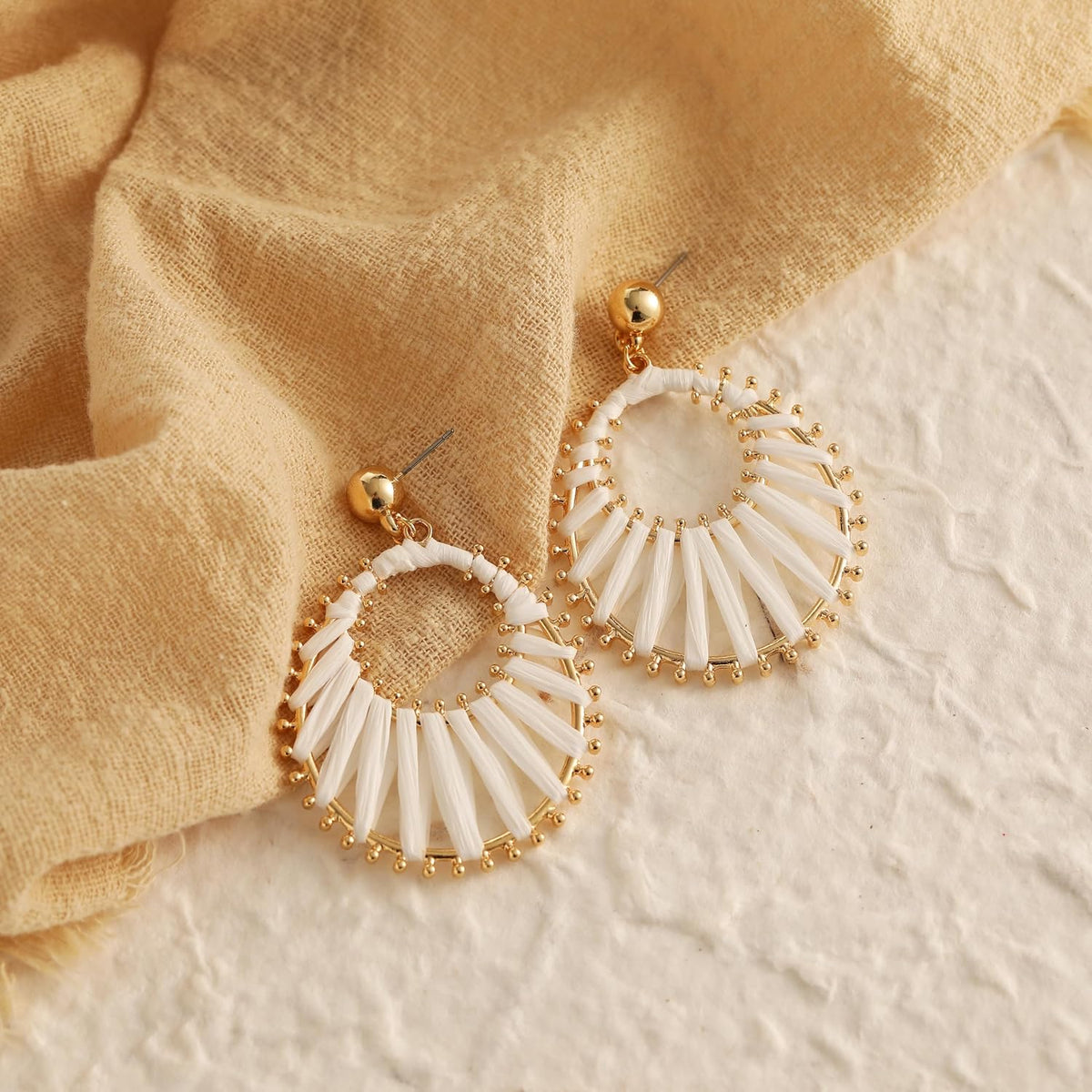 Boho Raffia Dangle Beach Vacation Summer Earrings | Lightweight Statement, Tropical Handmade Woven Rattan, Gold Toned, Aesthetic Trendy Unique Jewelry