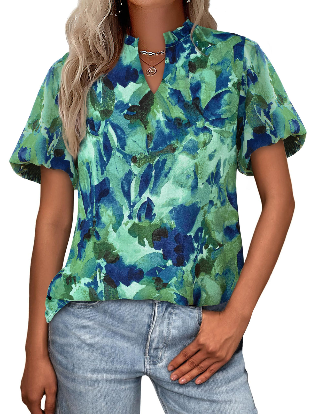 MASCOMODA Boho Short Sleeve Floral Work Blouses for Women Dressy Casual | Puff Sleeve Floral Tops Trendy, Ruffle V Neck, Loose Fit & Lined, Bohemian Top, Chiffon Blouses, Flowy Spring Work Shirts