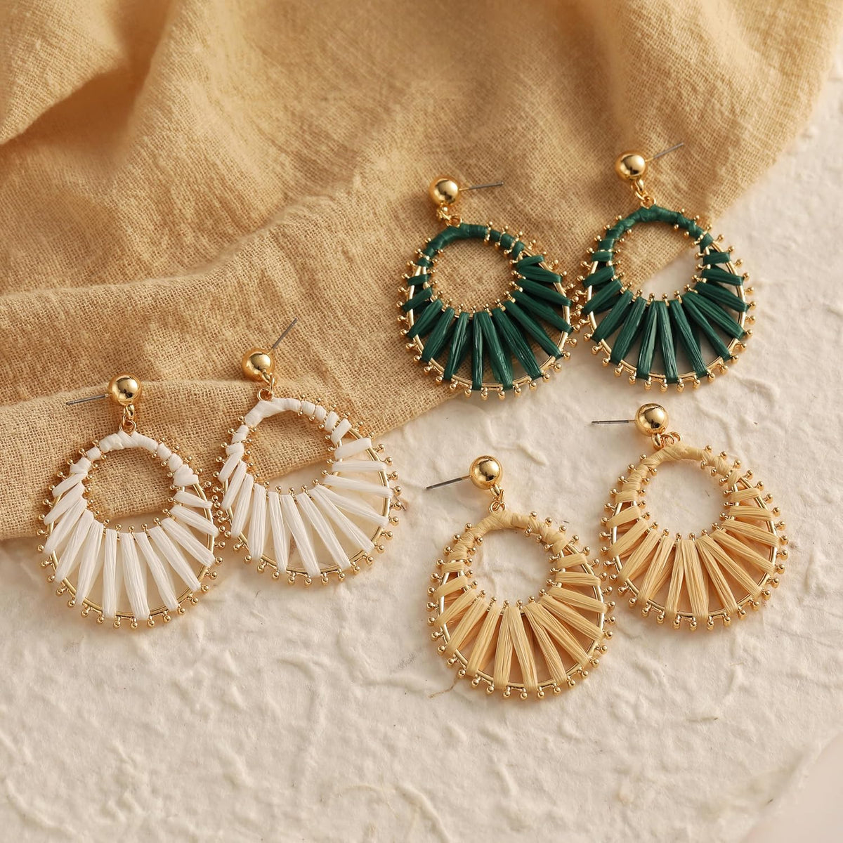 Boho Raffia Dangle Beach Vacation Summer Earrings | Lightweight Statement, Tropical Handmade Woven Rattan, Gold Toned, Aesthetic Trendy Unique Jewelry
